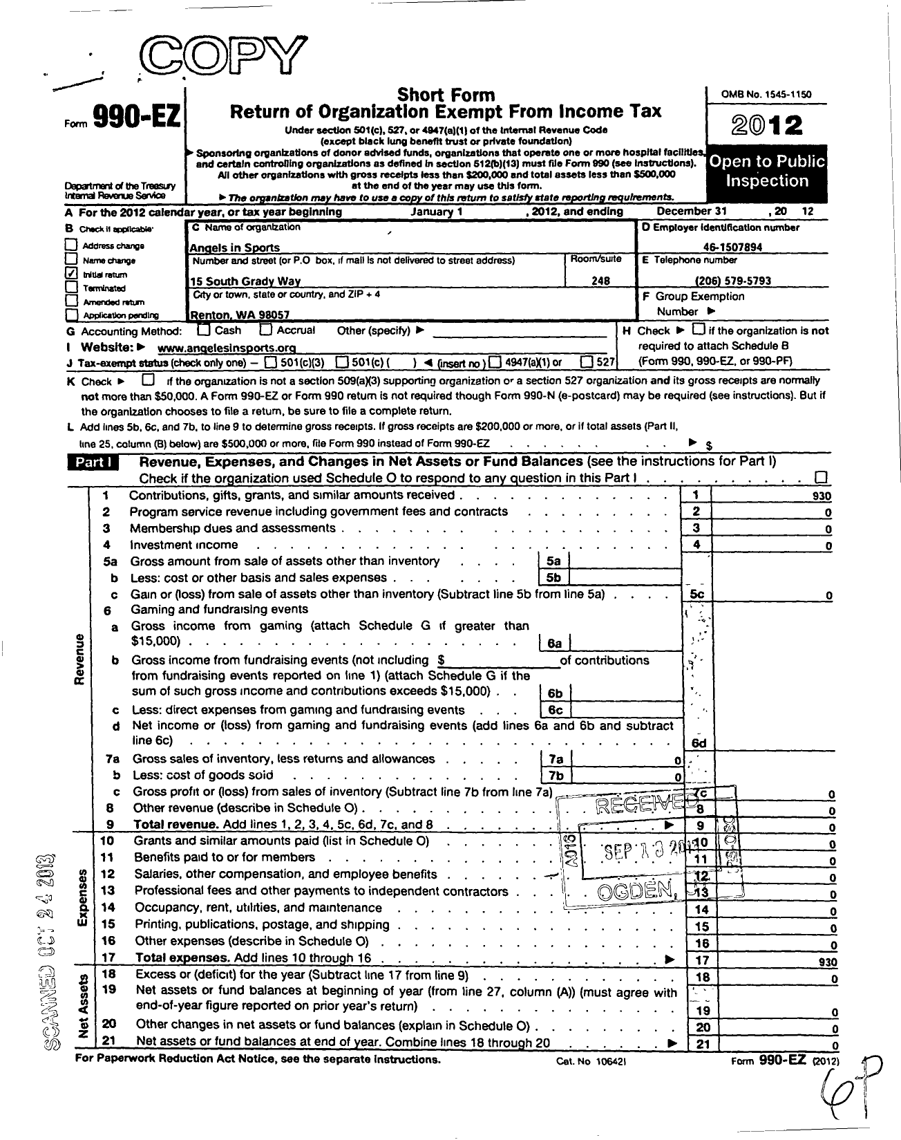 Image of first page of 2012 Form 990EO for Angels in Sports