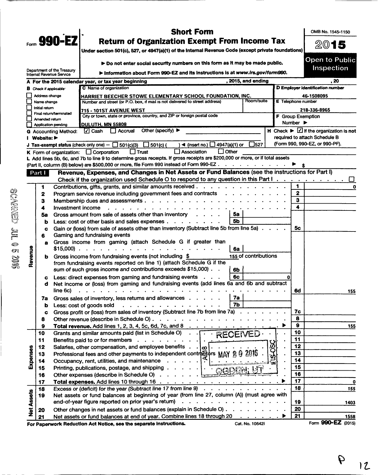 Image of first page of 2015 Form 990EO for Harriet Beecher Stowe Elementary School Foundation