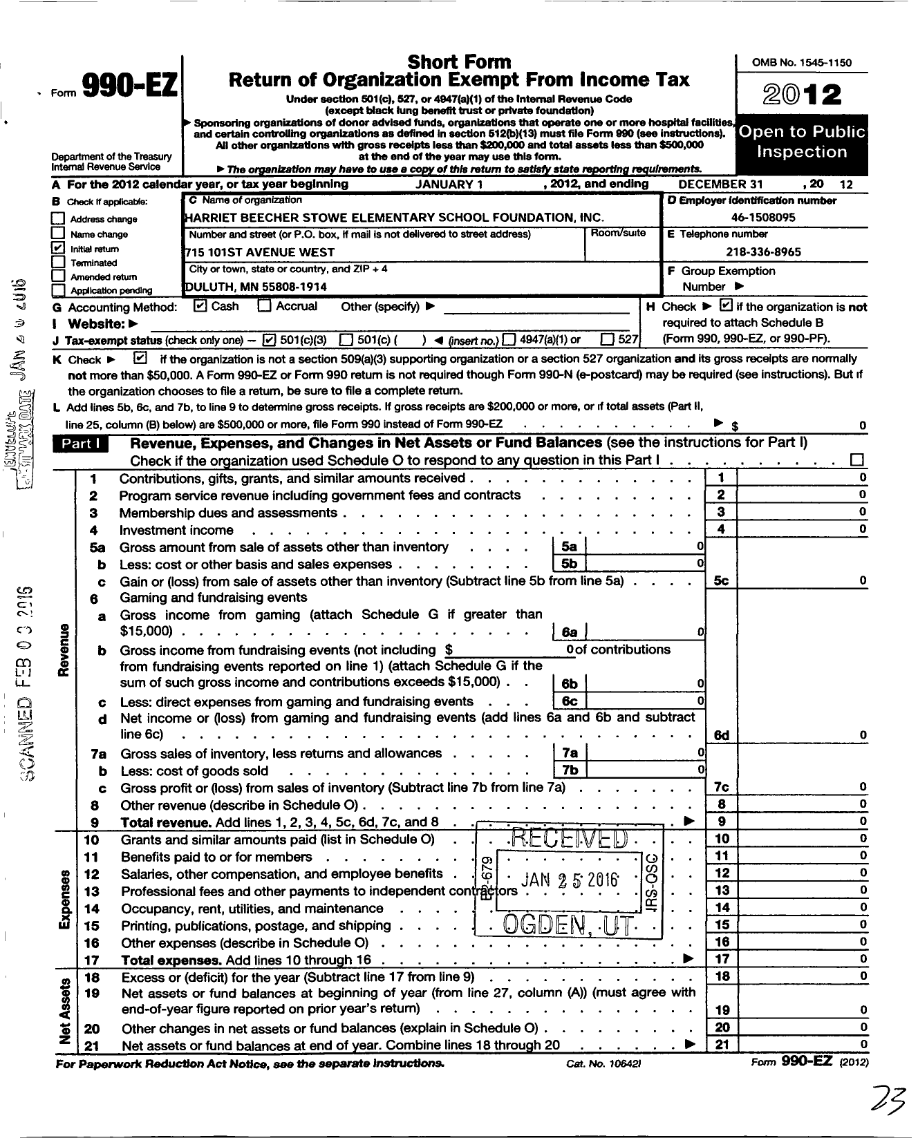 Image of first page of 2012 Form 990EZ for Harriet Beecher Stowe Elementary School Foundation