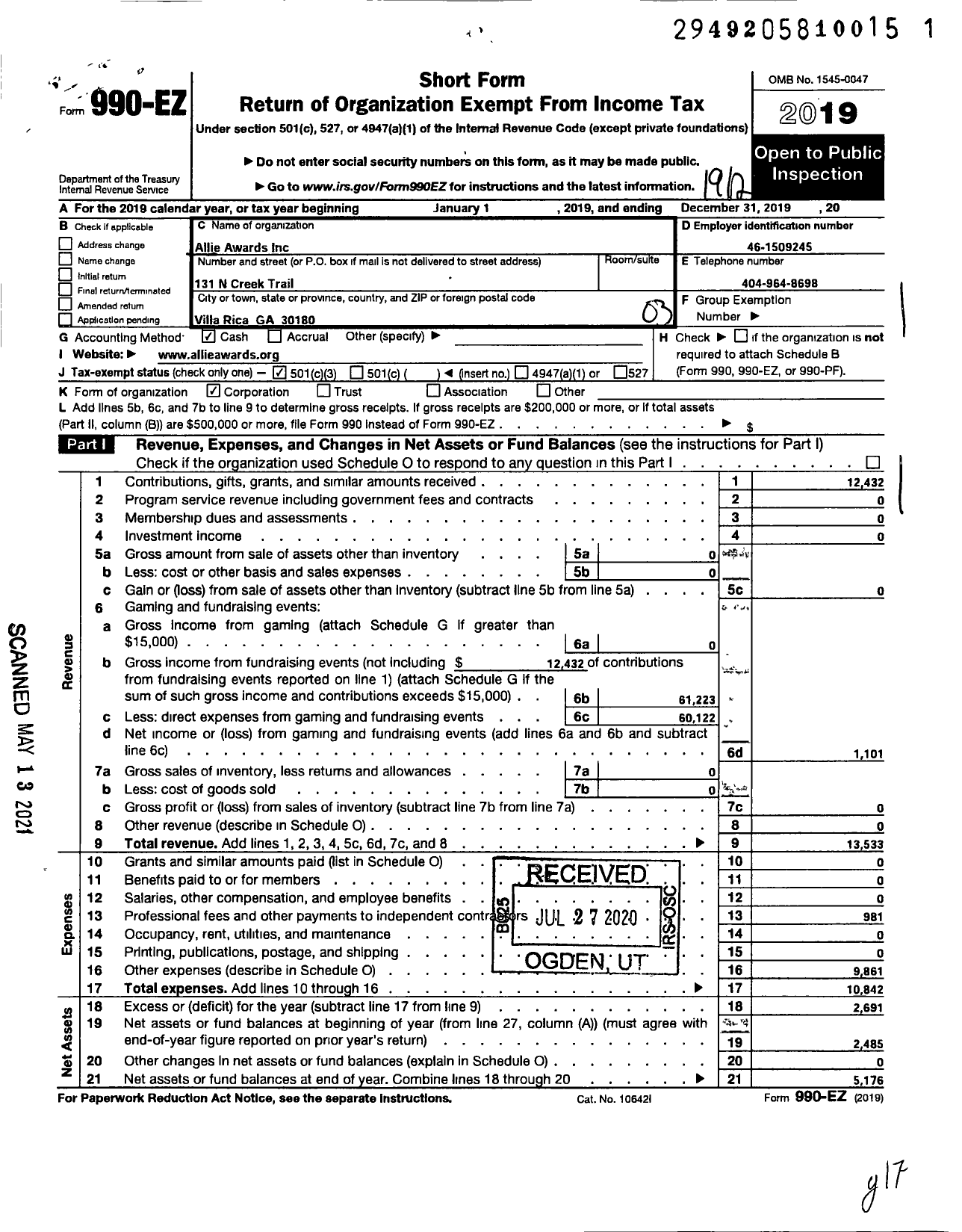 Image of first page of 2019 Form 990EZ for Allie Foundation of Georgia