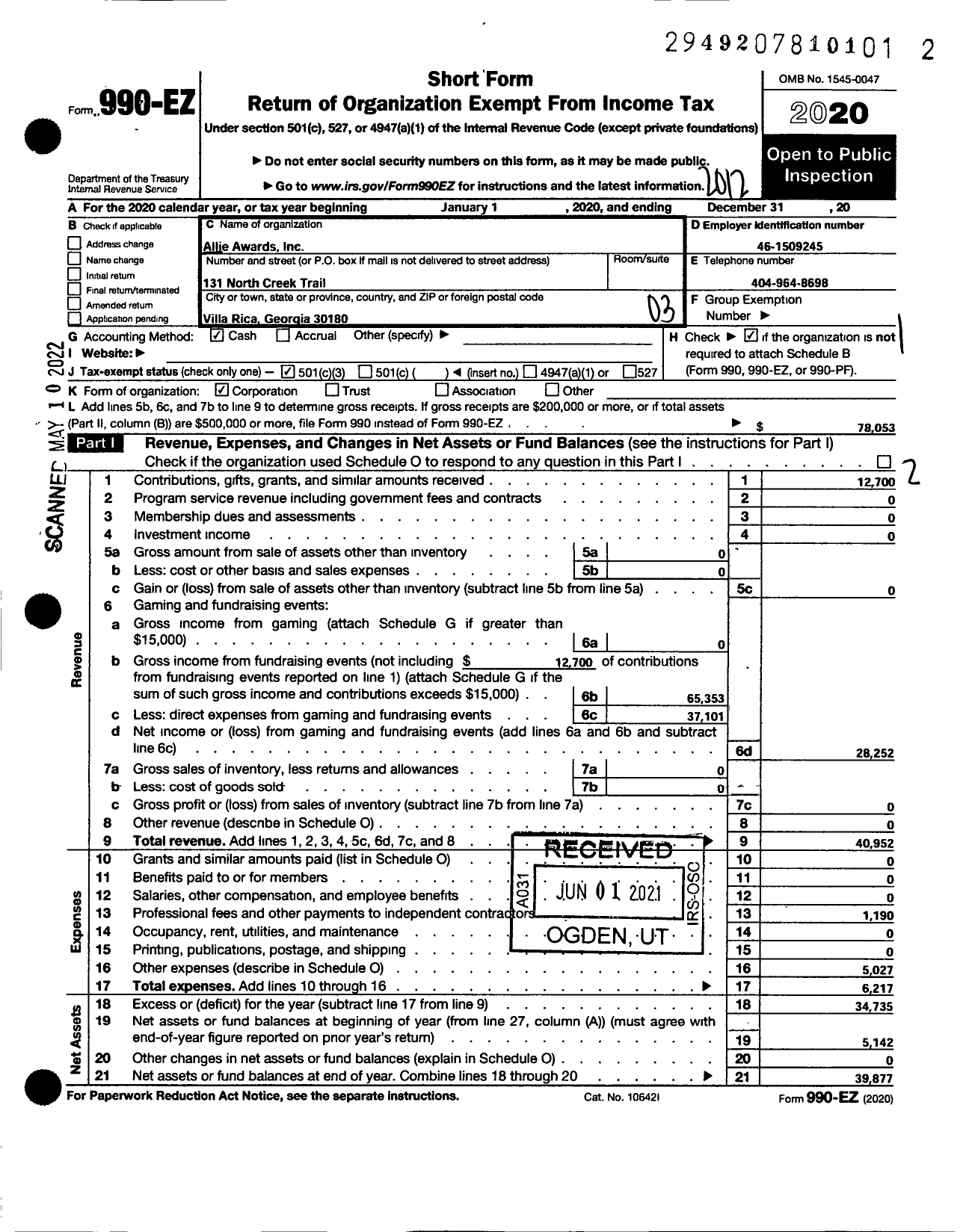 Image of first page of 2020 Form 990EZ for Allie Foundation of Georgia