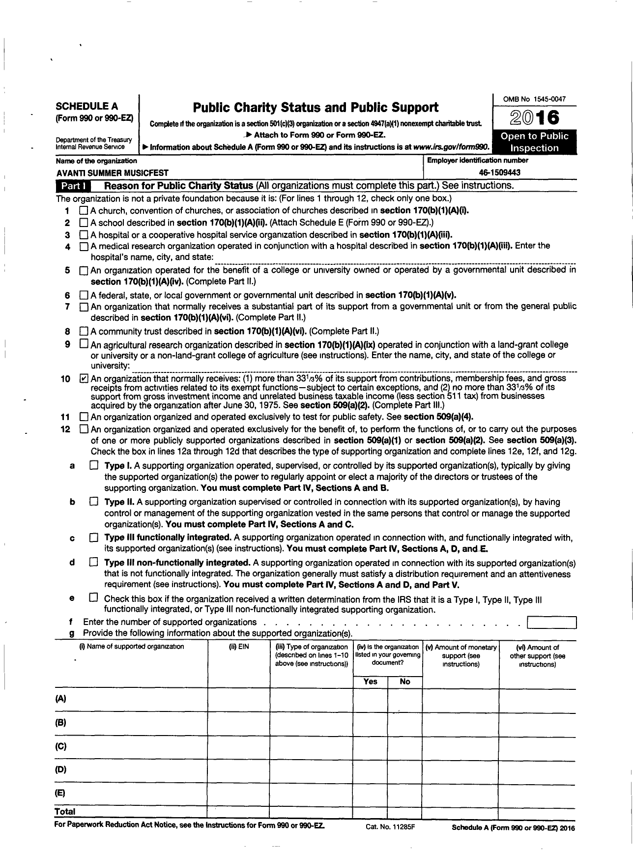 Image of first page of 2015 Form 990ER for Avanti Summer Musicfest