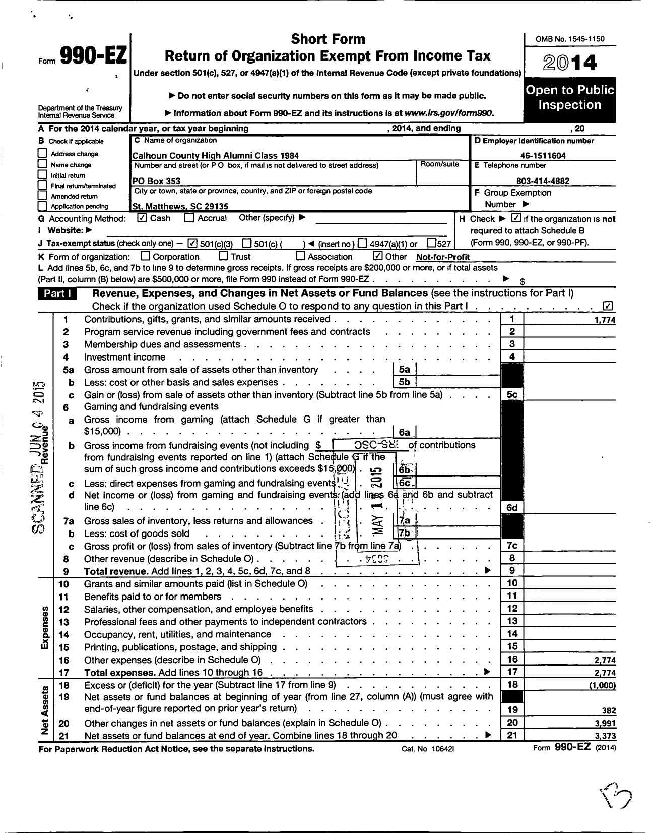 Image of first page of 2014 Form 990EZ for Calhoun County High Alumni Class 1984