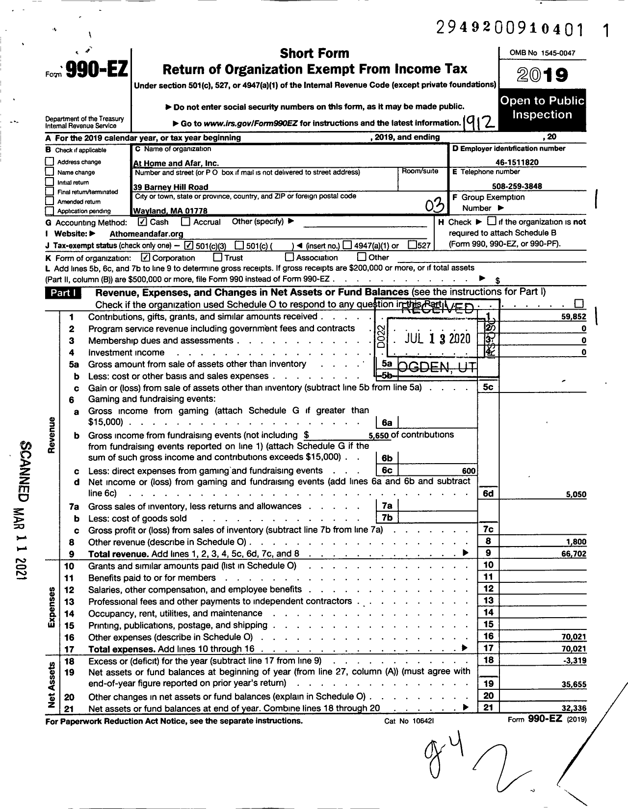 Image of first page of 2019 Form 990EZ for At Home and Afar
