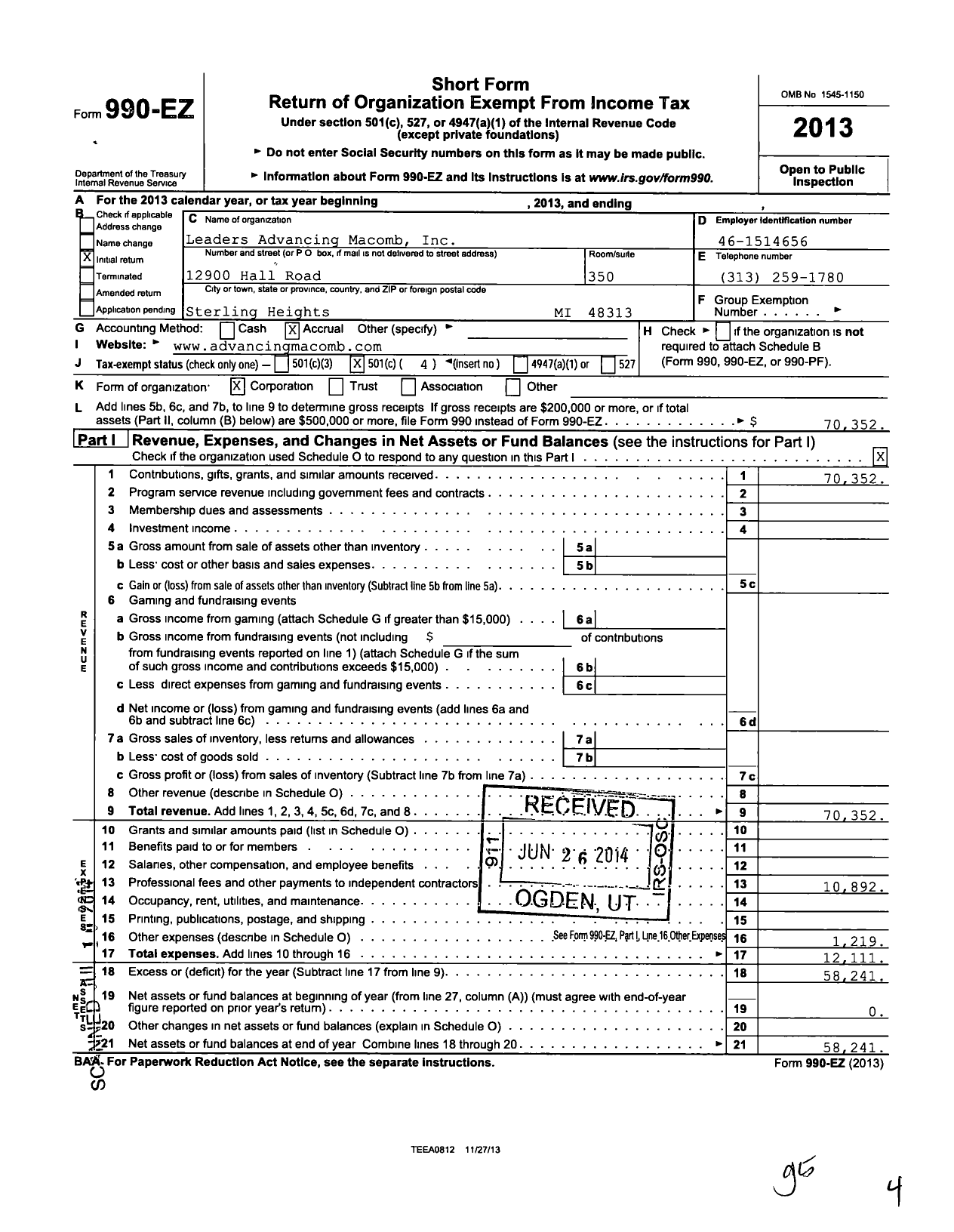 Image of first page of 2013 Form 990EO for Advancing Macomb