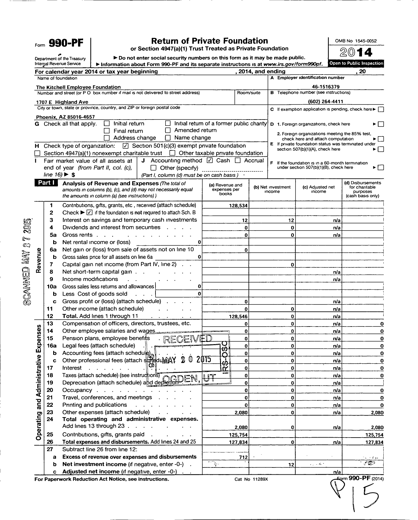 Image of first page of 2014 Form 990PF for Kitchell Employee Foundation