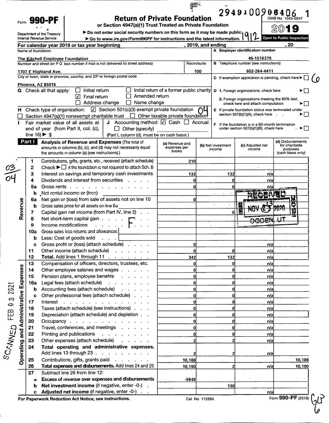 Image of first page of 2019 Form 990PF for Kitchell Employee Foundation