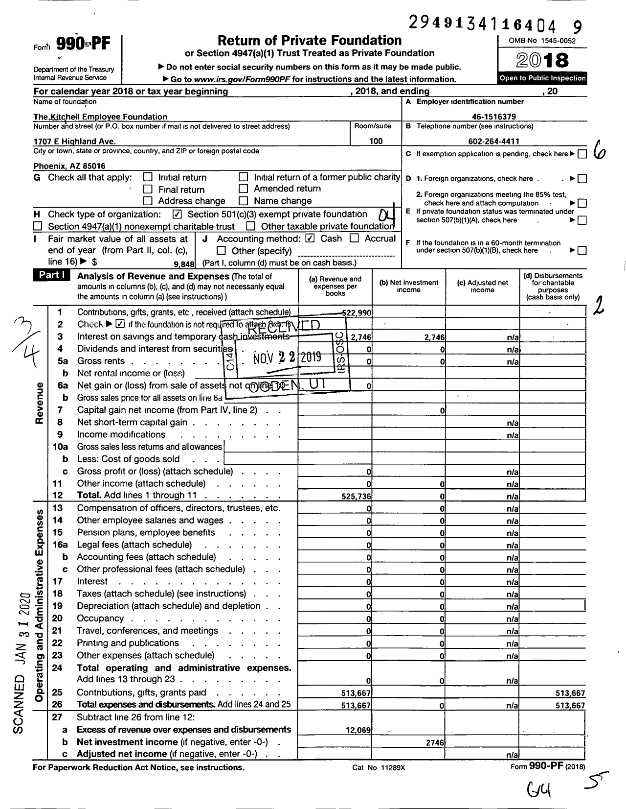Image of first page of 2018 Form 990PF for Kitchell Employee Foundation