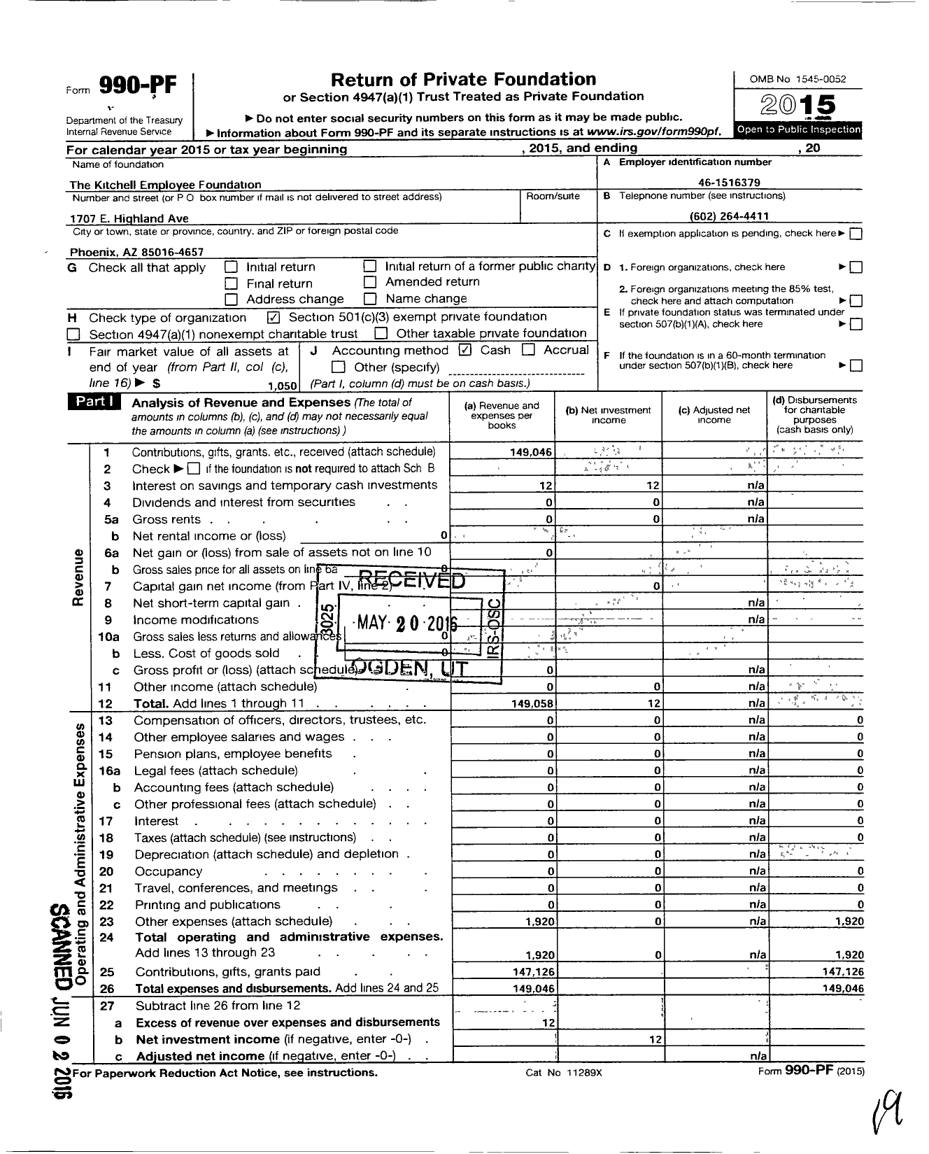 Image of first page of 2015 Form 990PF for Kitchell Employee Foundation