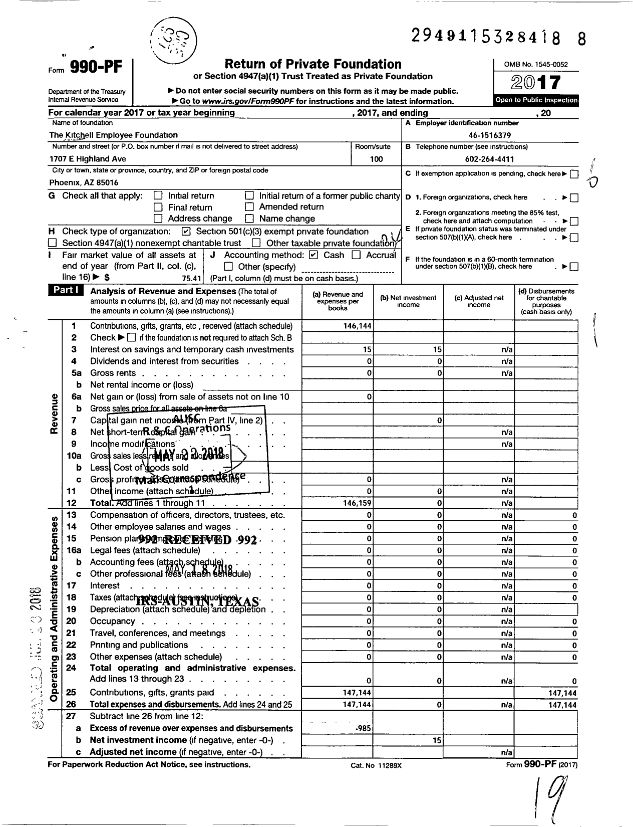 Image of first page of 2017 Form 990PF for Kitchell Employee Foundation