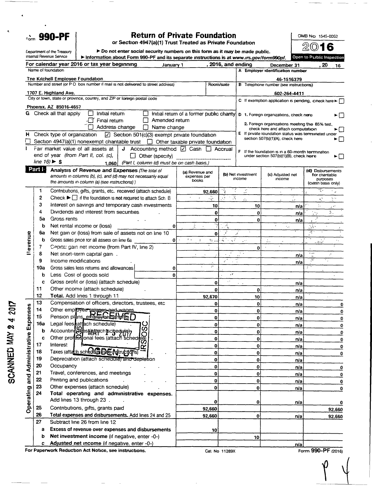 Image of first page of 2016 Form 990PF for Kitchell Employee Foundation