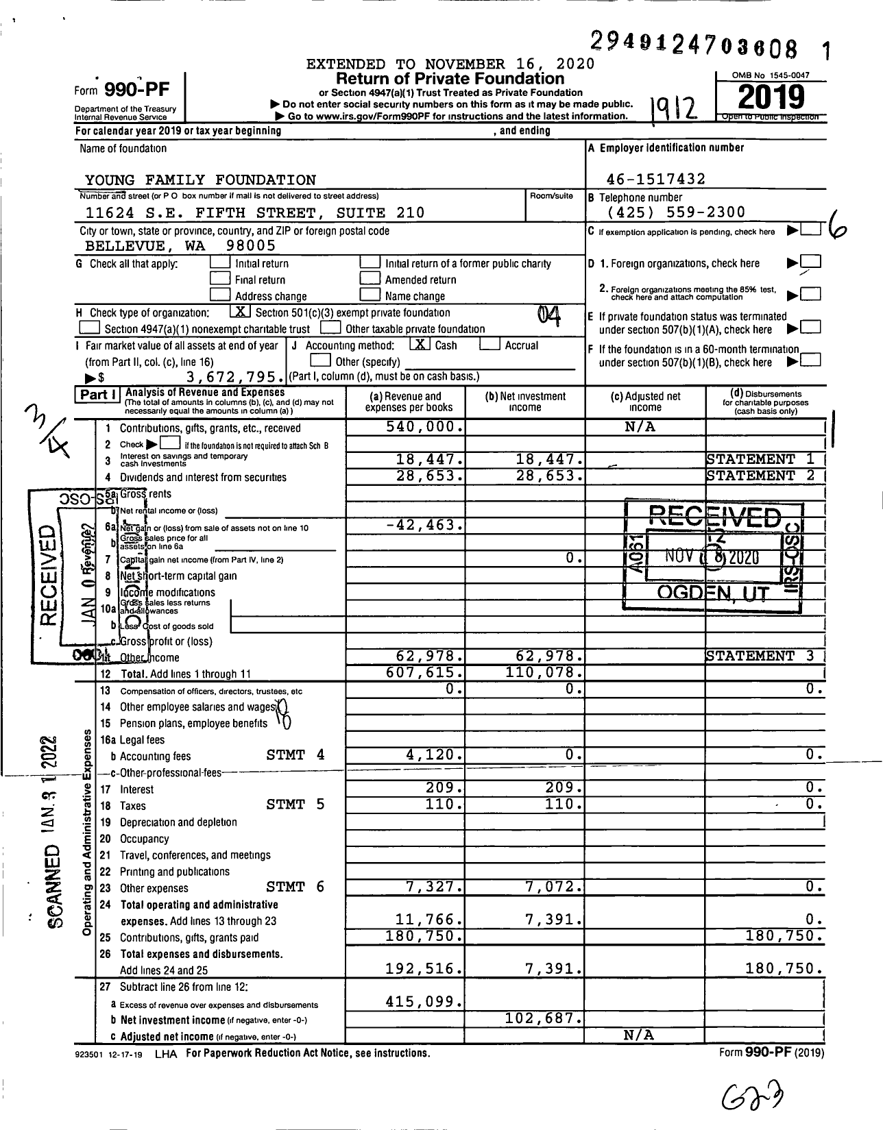 Image of first page of 2019 Form 990PF for Young Family Foundation