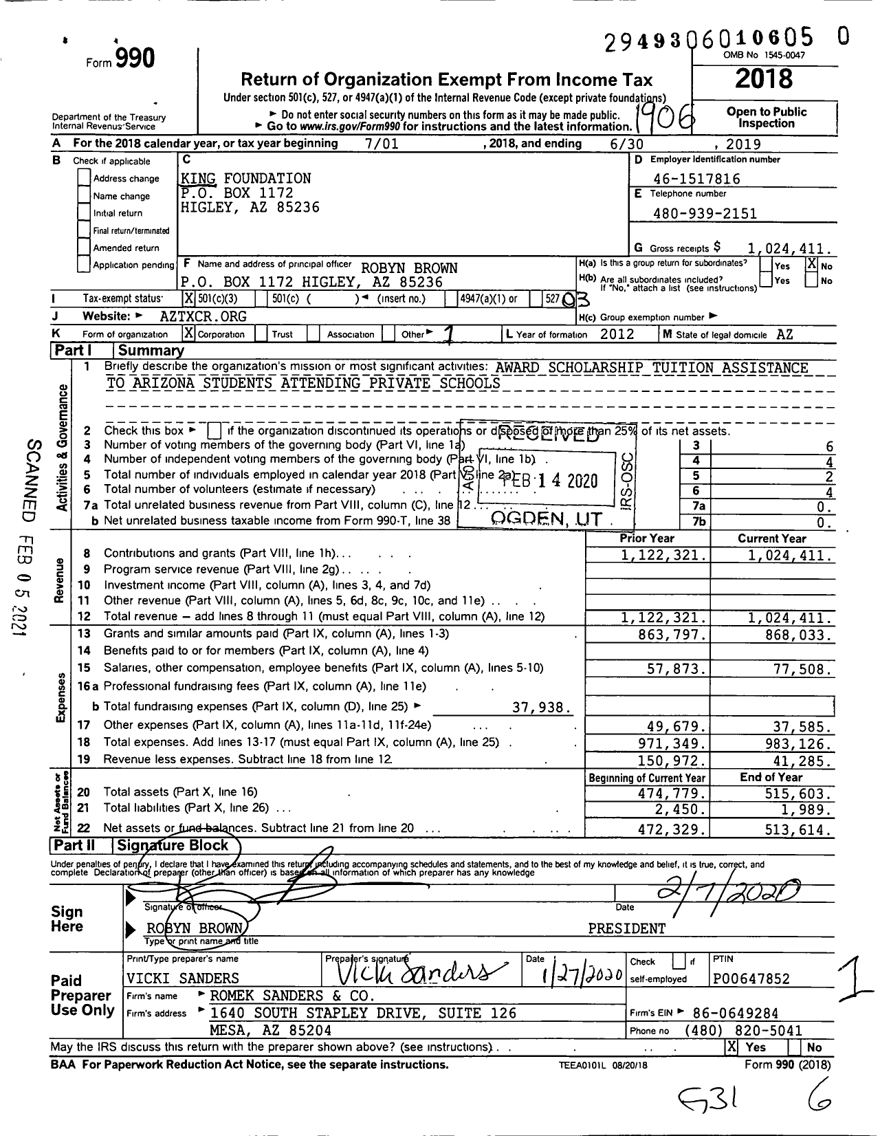 Image of first page of 2018 Form 990 for Arizona Tax Credit