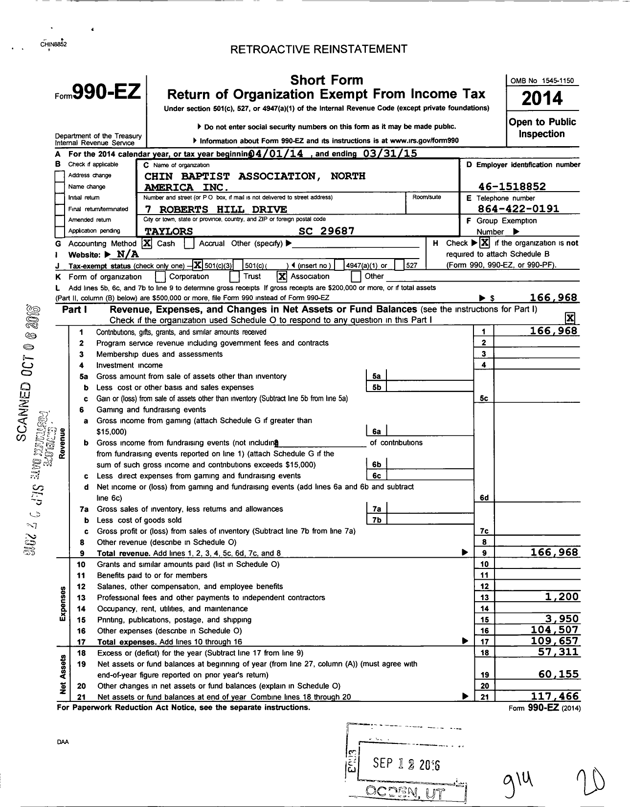 Image of first page of 2014 Form 990EZ for Chin Baptist Association North America