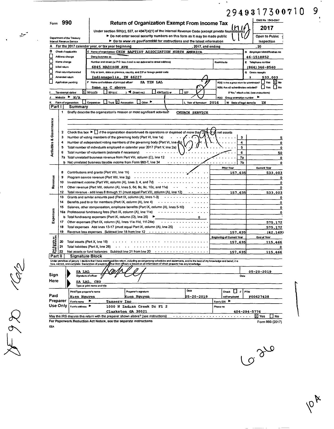 Image of first page of 2017 Form 990 for Chin Baptist Association North America