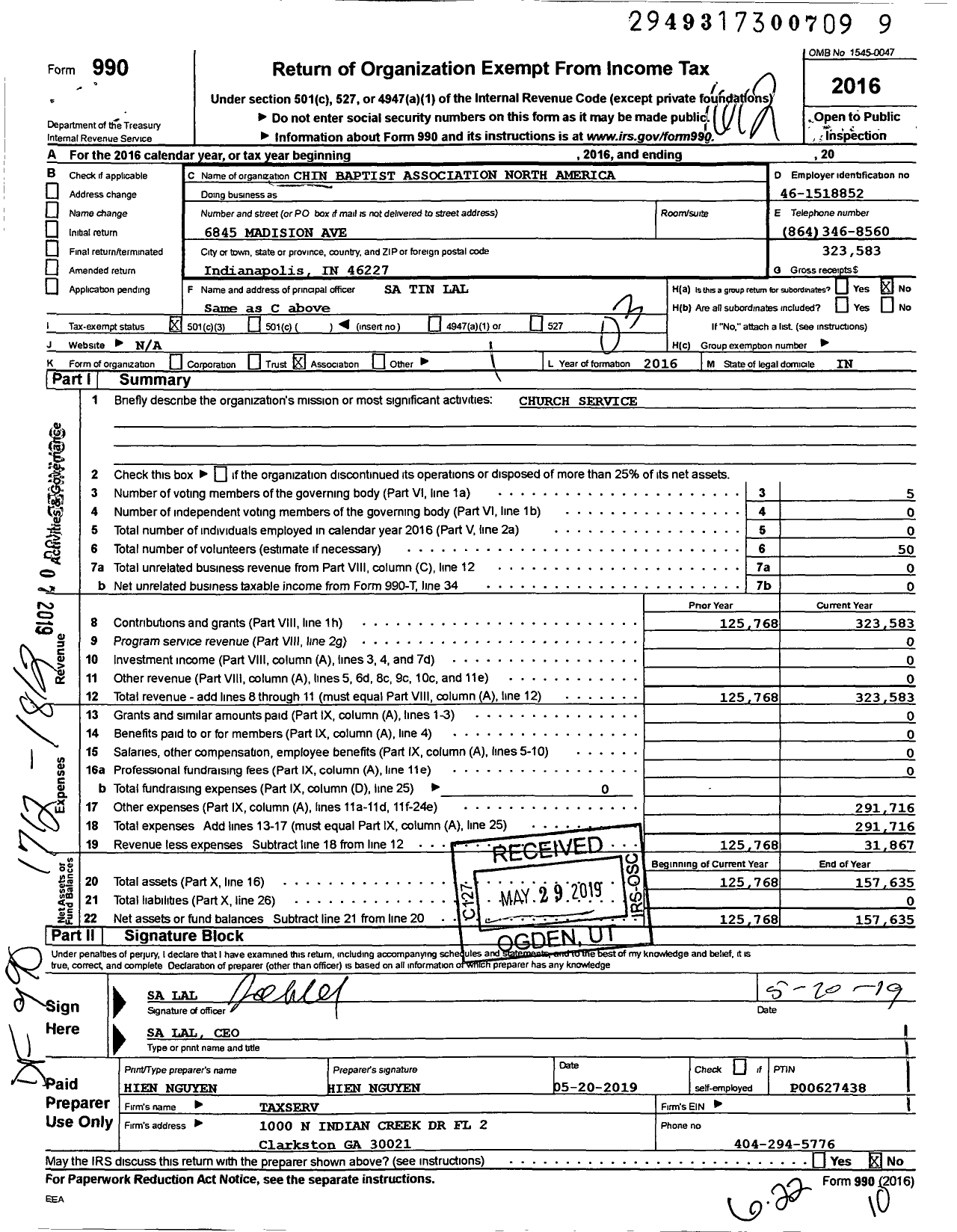 Image of first page of 2016 Form 990 for Chin Baptist Association North America