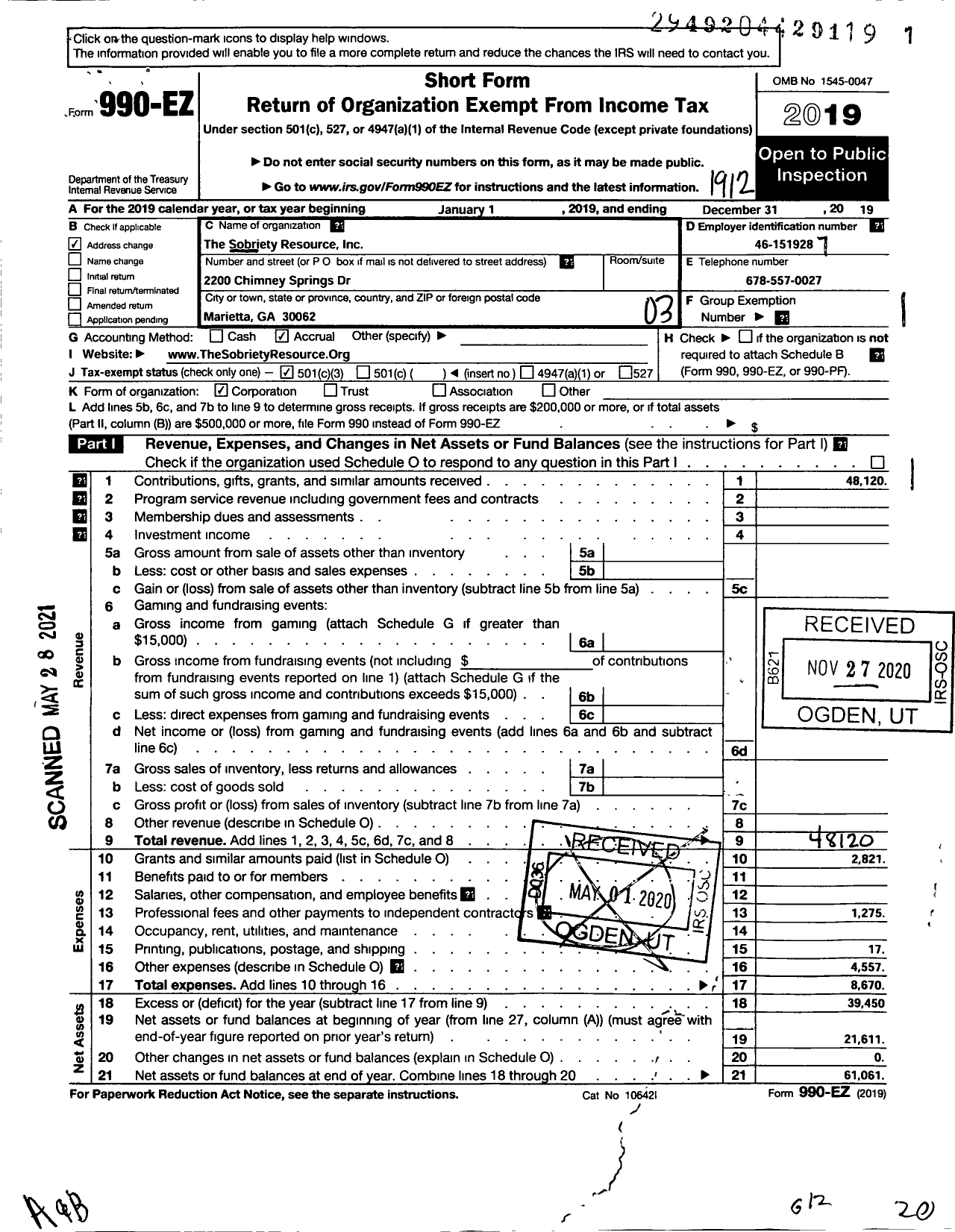 Image of first page of 2019 Form 990EZ for The Sobriety Resource