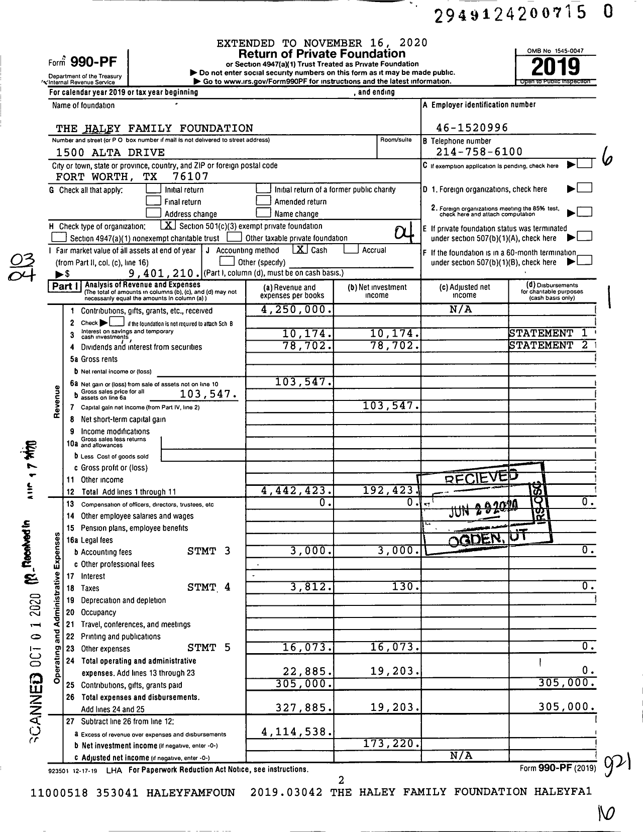 Image of first page of 2019 Form 990PR for The Haley Family Foundation