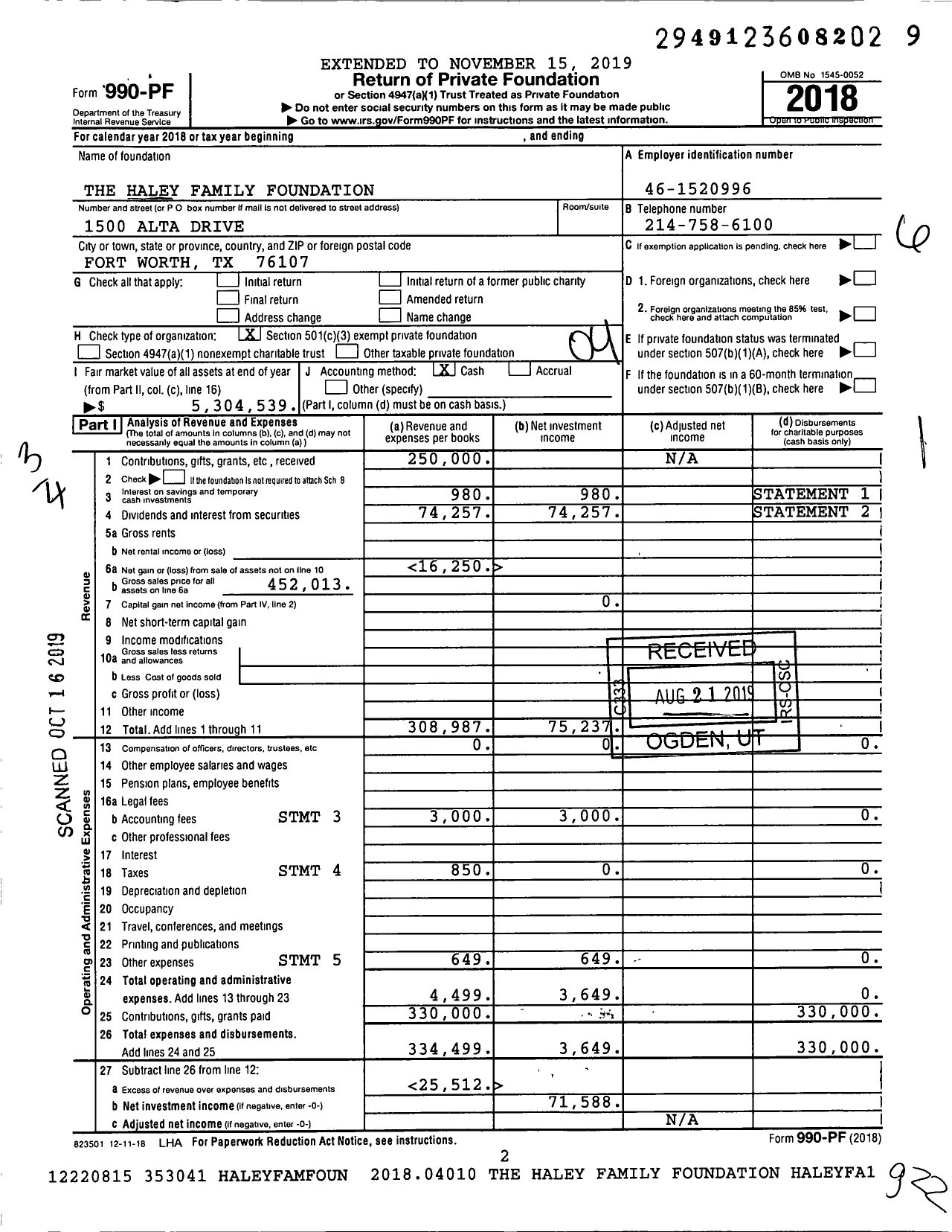 Image of first page of 2018 Form 990PF for The Haley Family Foundation