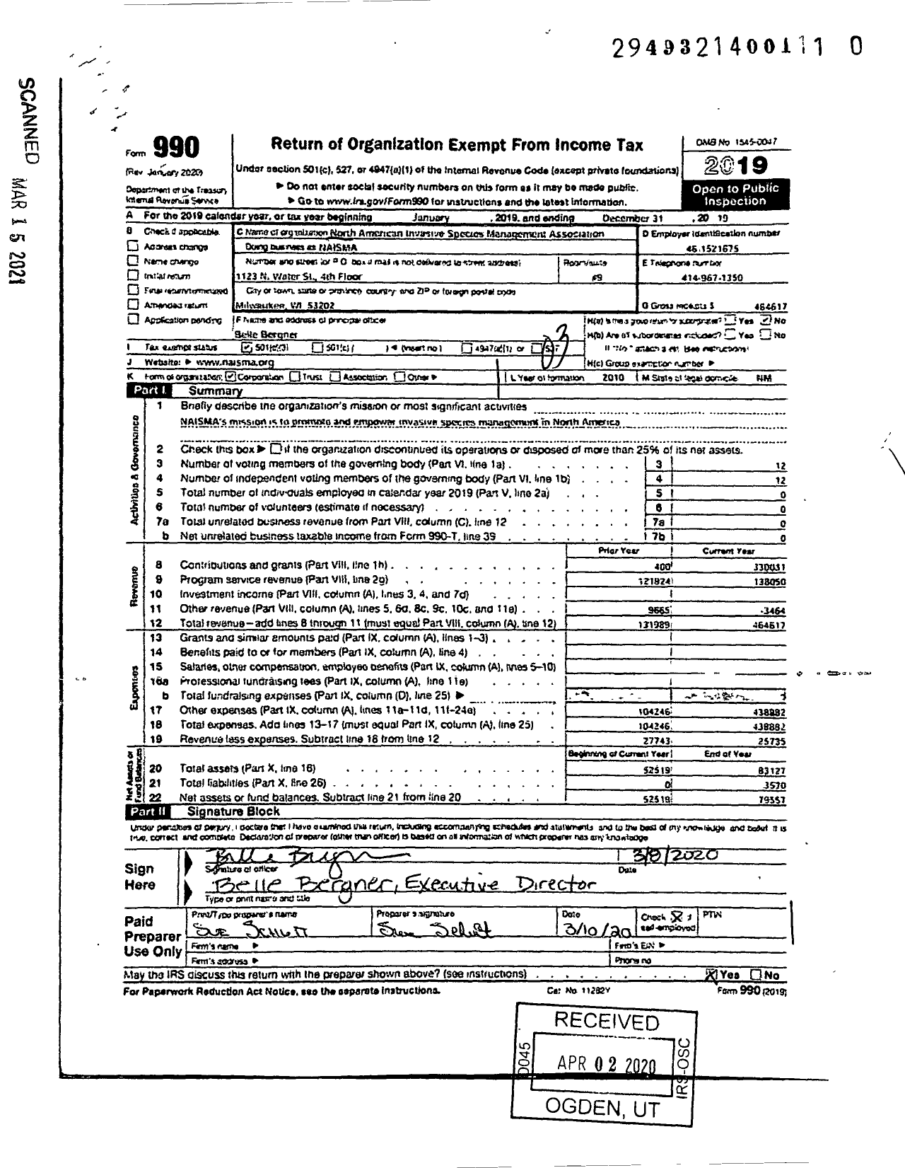 Image of first page of 2019 Form 990 for North American Invasive Species Management Association (NAISMA)