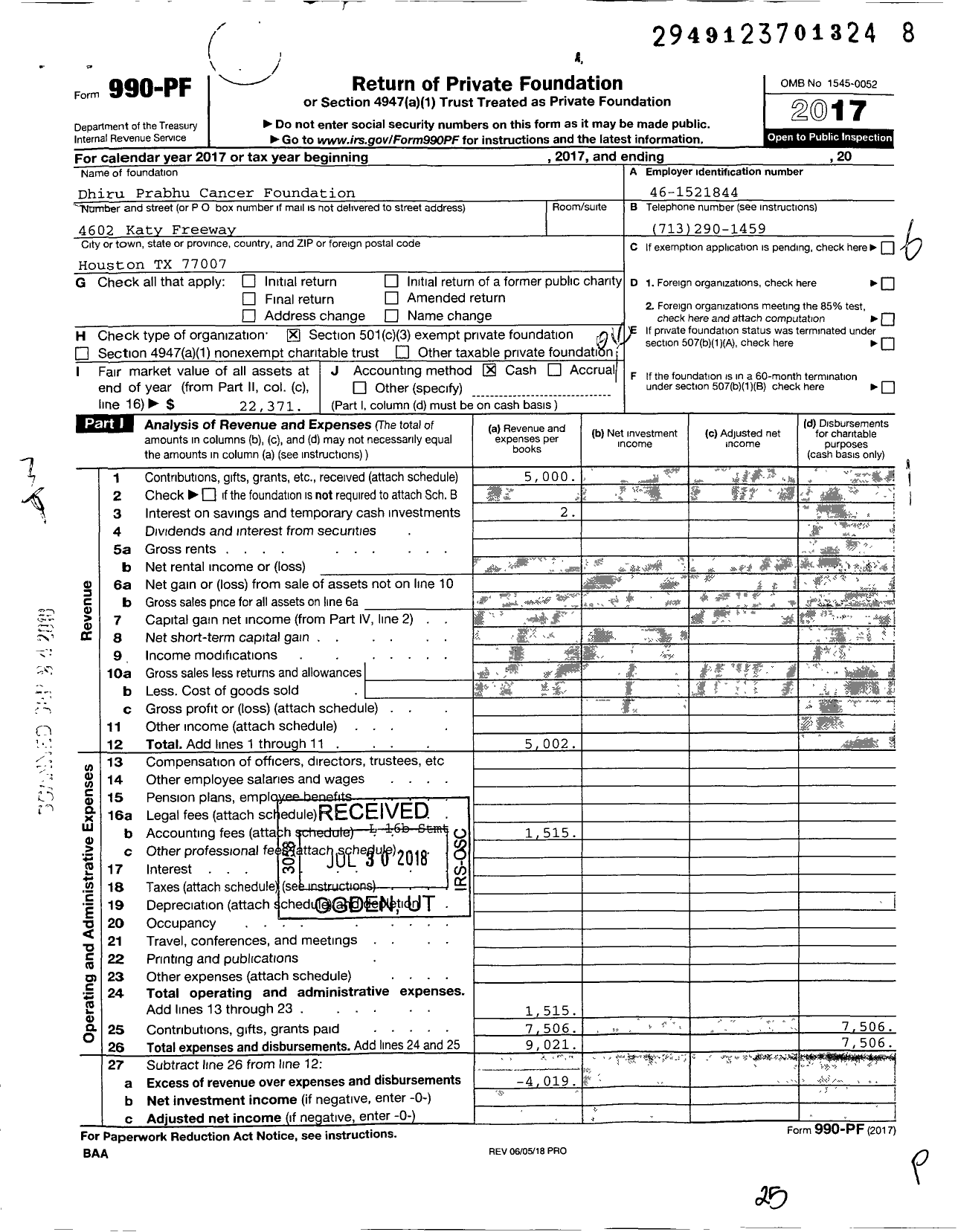 Image of first page of 2017 Form 990PF for Dhiru Prabhu Cancer Foundation