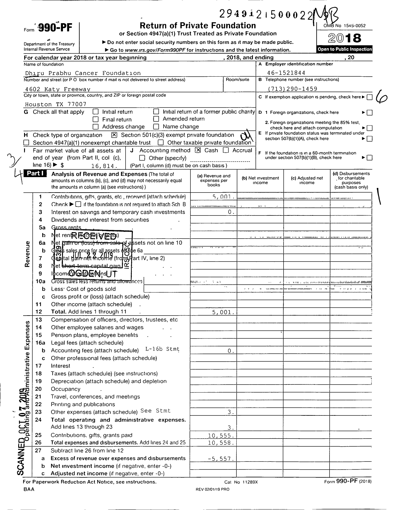 Image of first page of 2018 Form 990PF for Dhiru Prabhu Cancer Foundation