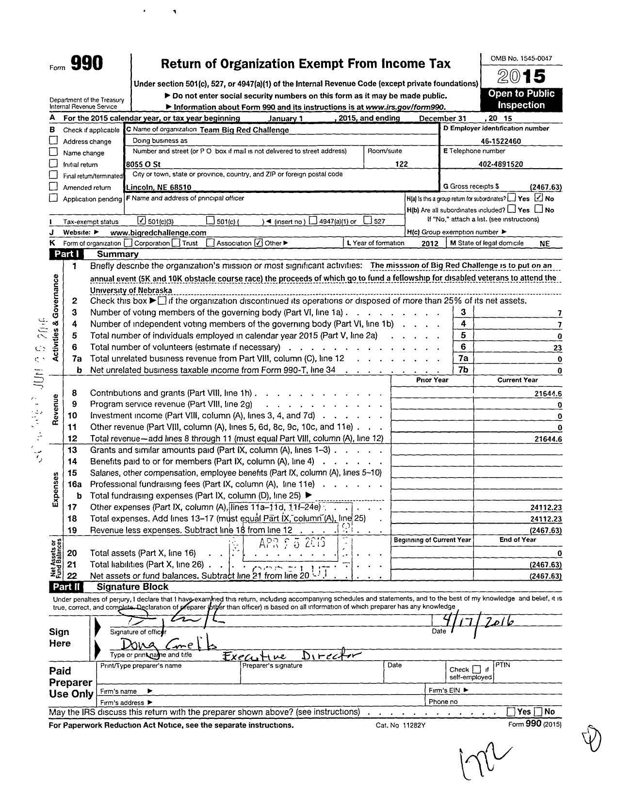 Image of first page of 2015 Form 990 for Team Big Red Challenge