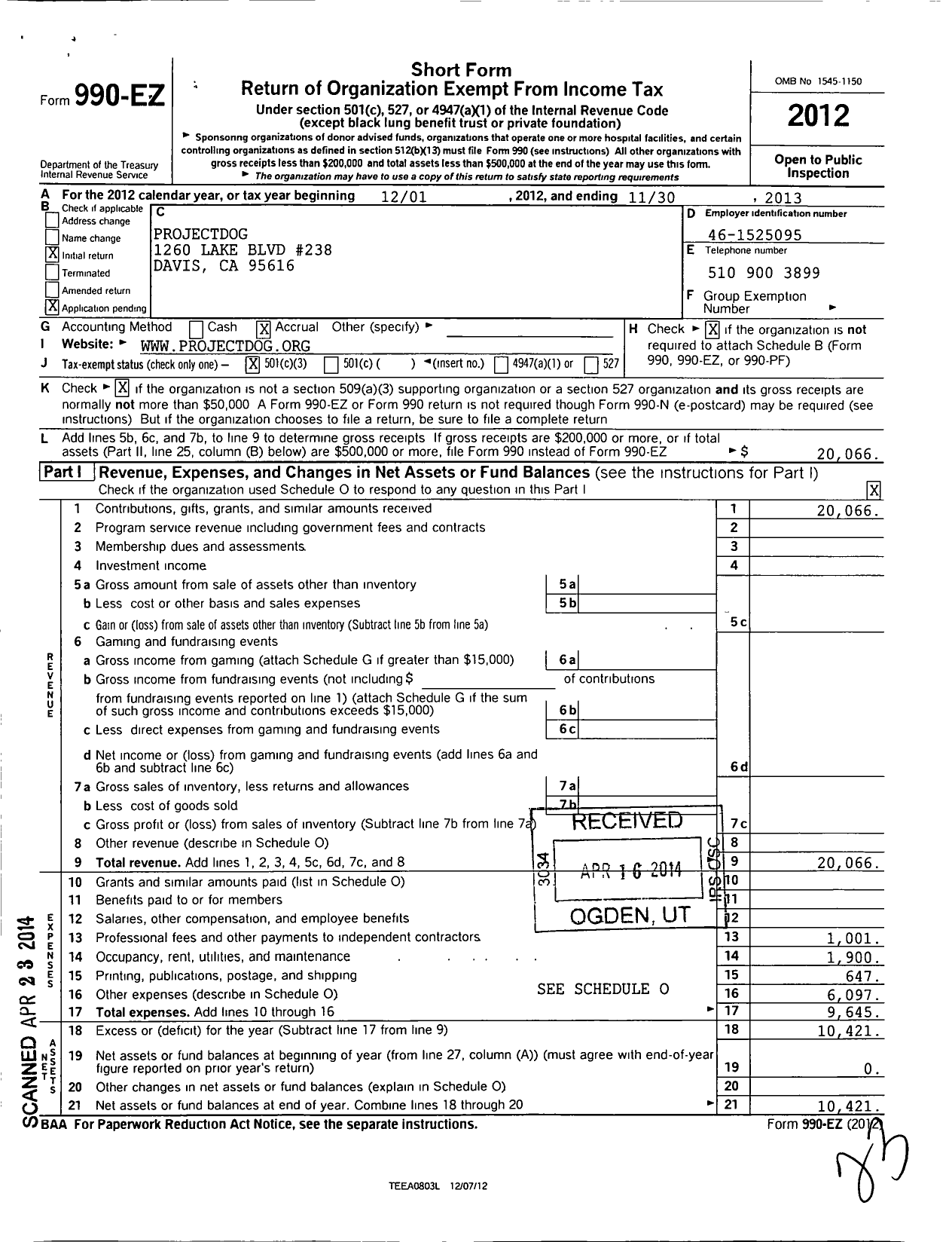 Image of first page of 2012 Form 990EZ for Projectdog