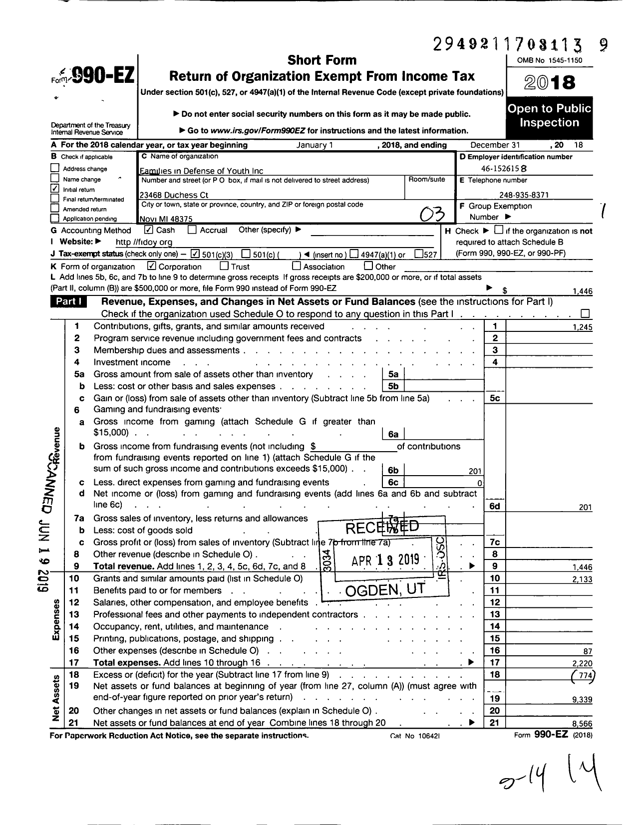 Image of first page of 2018 Form 990EZ for Families in Defense of Youth