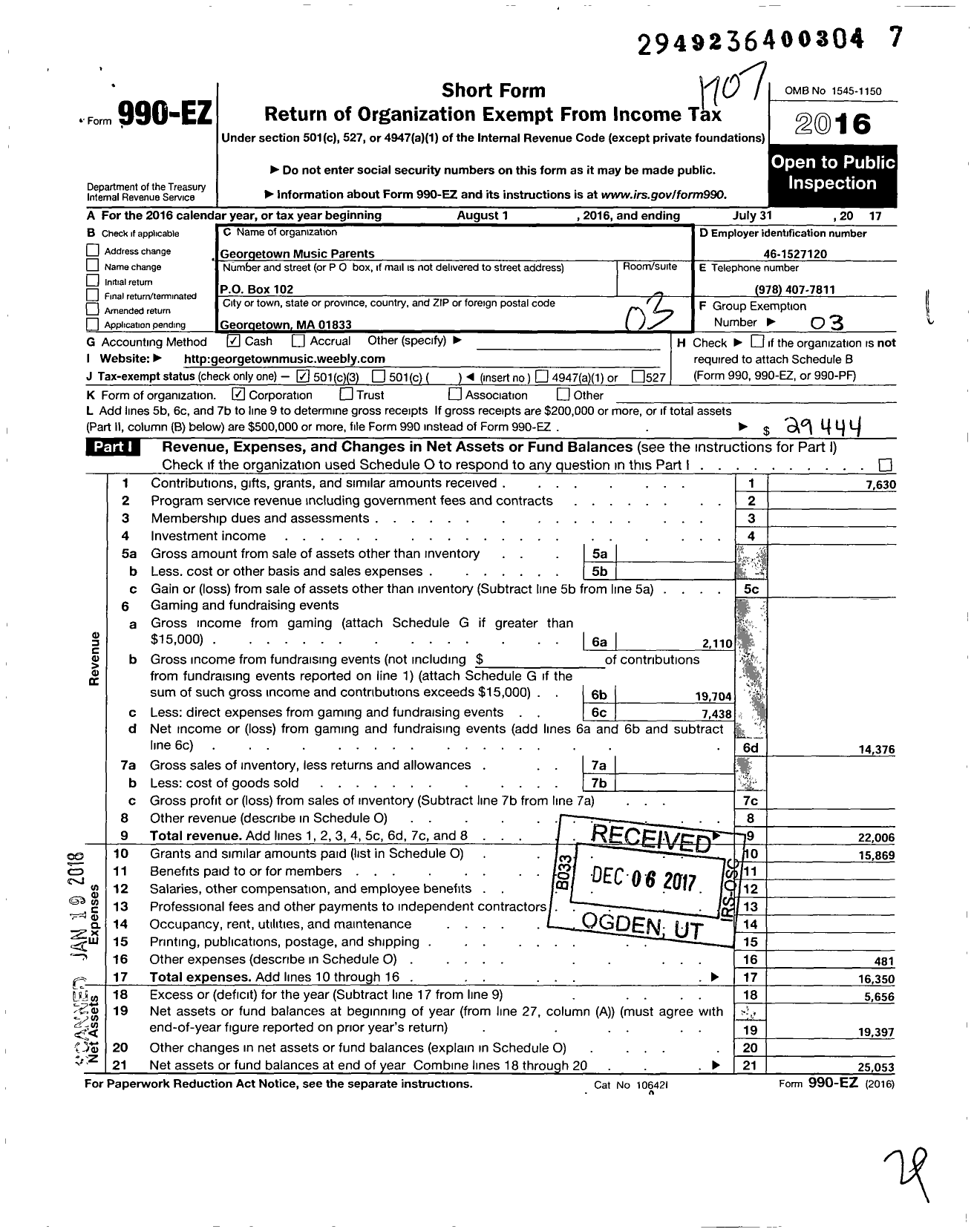 Image of first page of 2016 Form 990EZ for Georgetown Music Parents