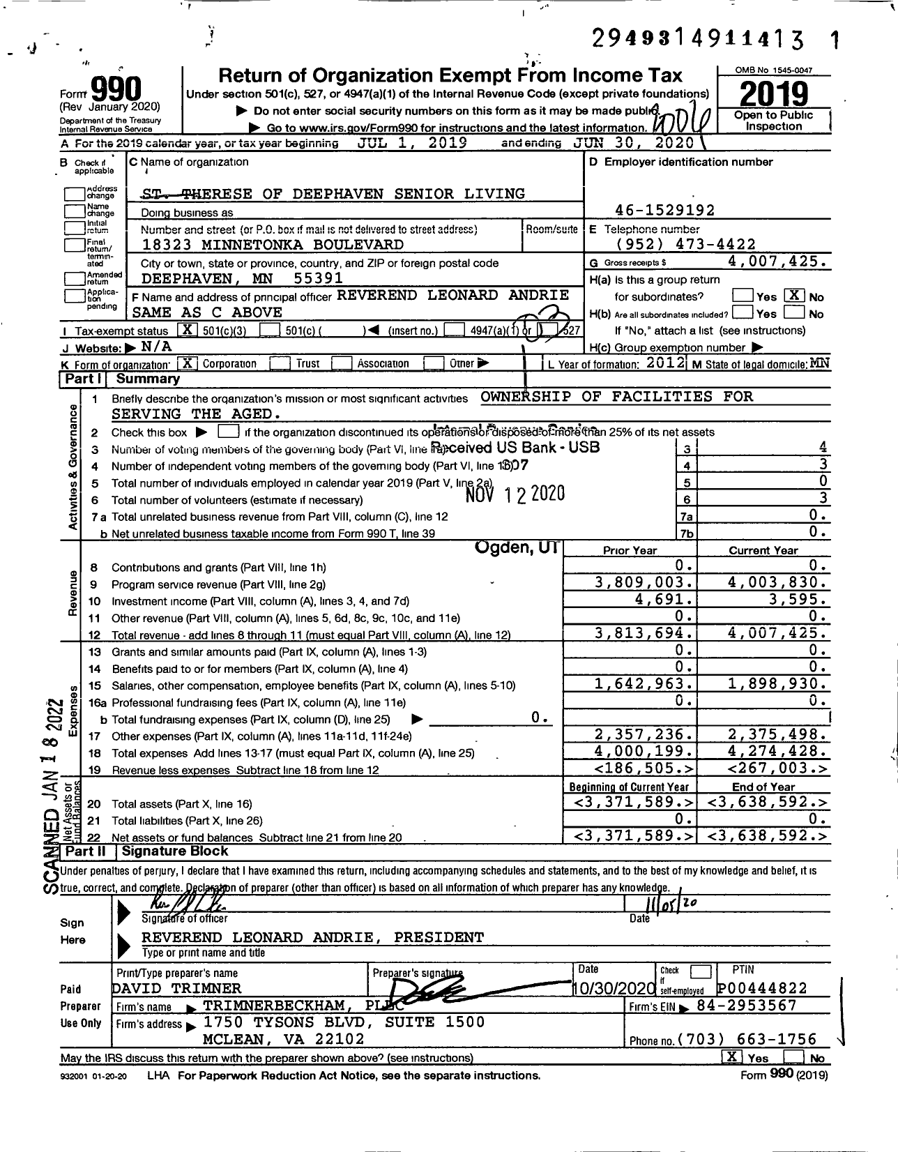 Image of first page of 2019 Form 990 for St Therese of Deephaven Senior Living