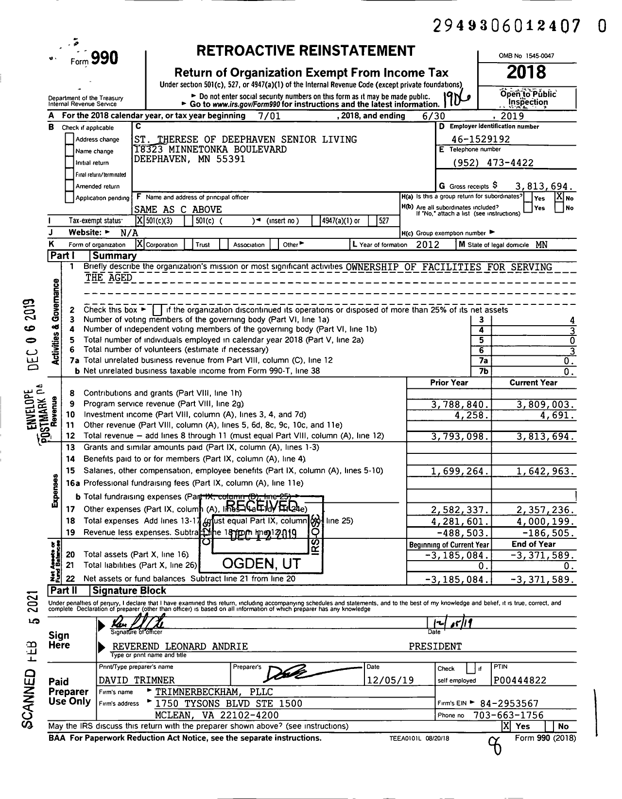 Image of first page of 2018 Form 990 for St Therese of Deephaven Senior Living