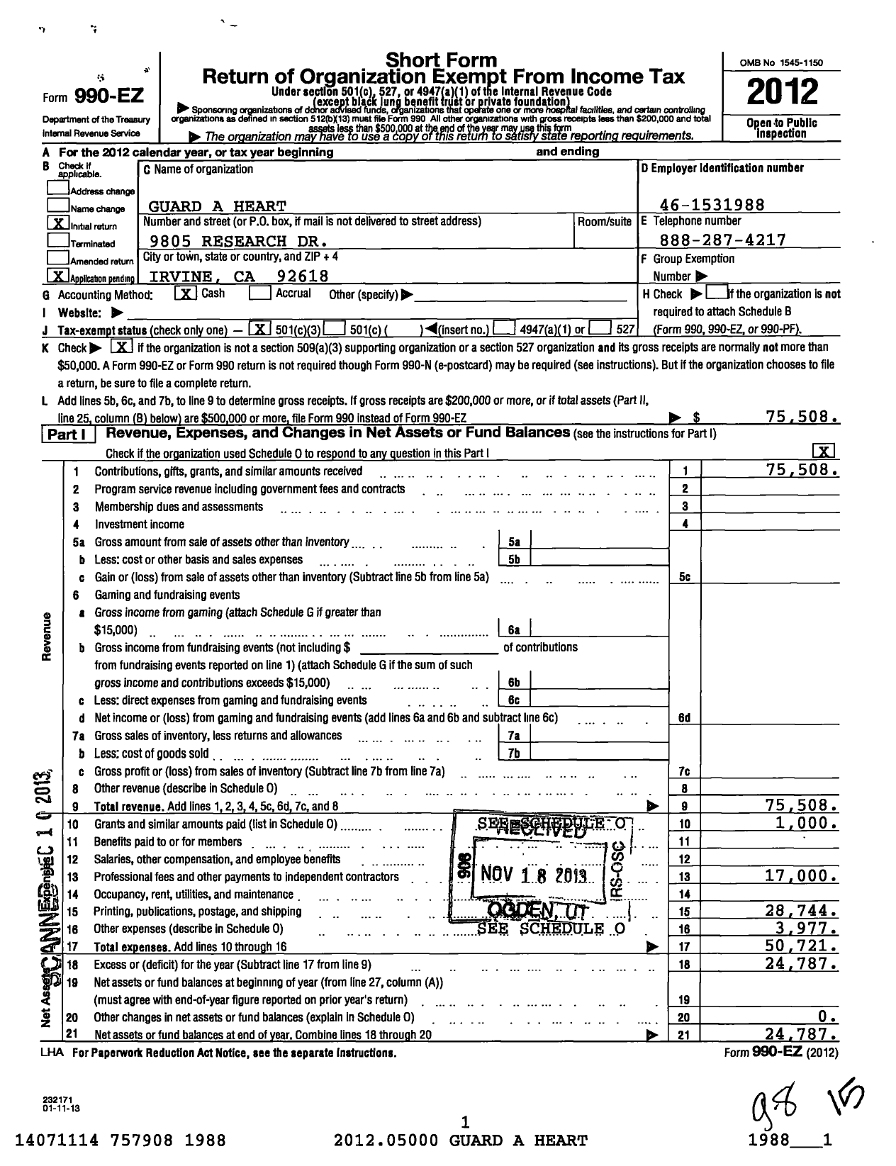 Image of first page of 2012 Form 990EZ for Guardaheart A Heart