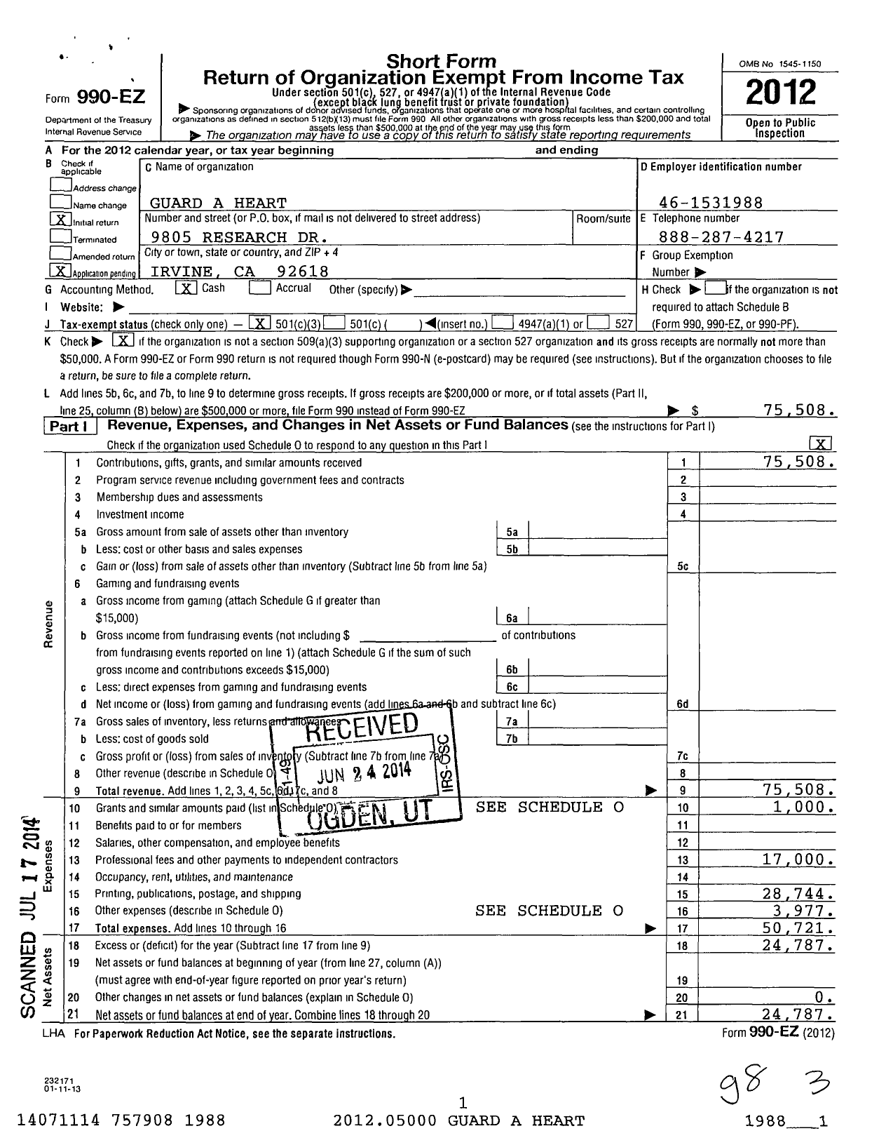 Image of first page of 2012 Form 990EZ for Guardaheart A Heart