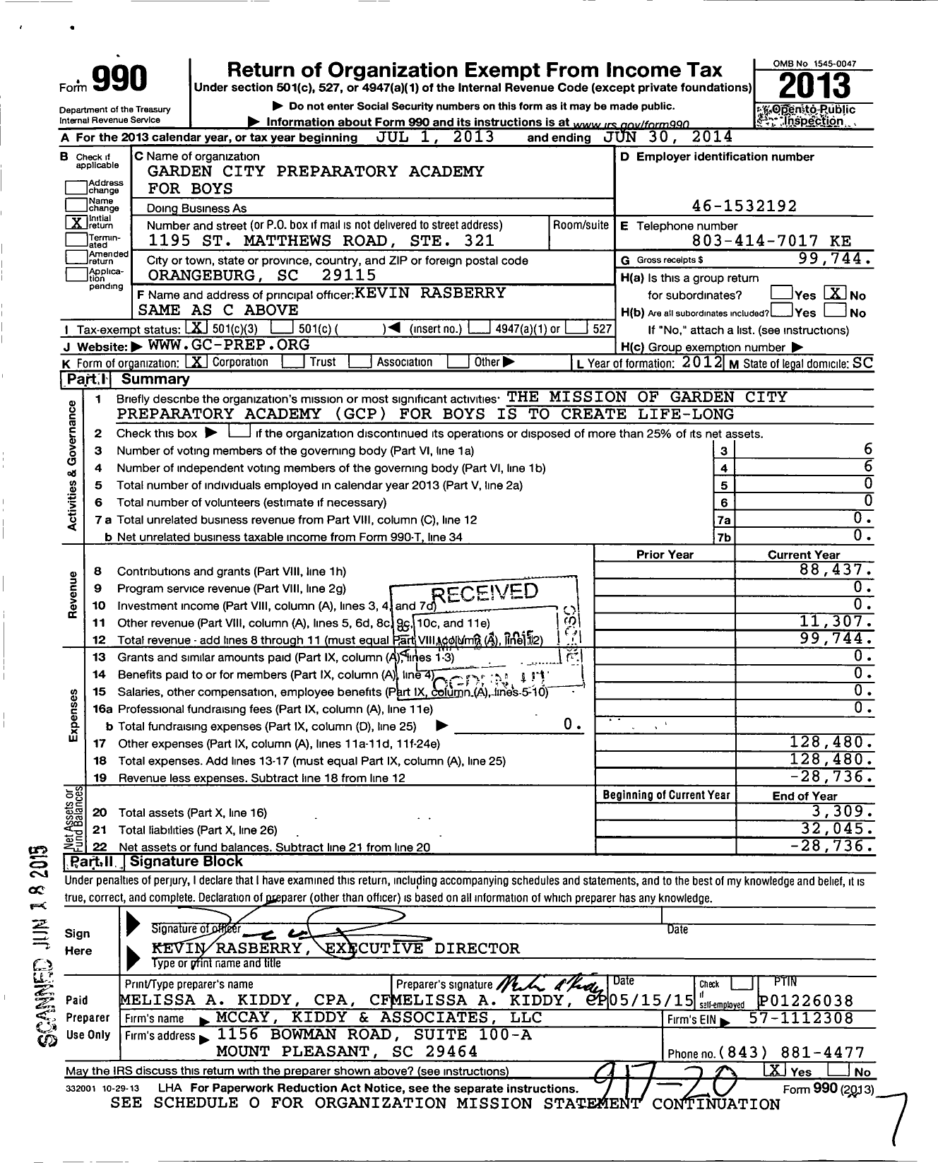 Image of first page of 2013 Form 990 for Garden City Preparatory Academy for Boys