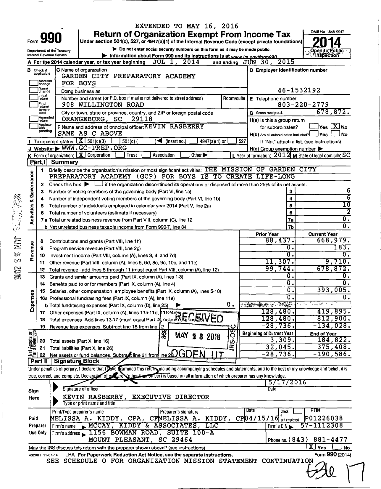 Image of first page of 2014 Form 990 for Garden City Preparatory Academy for Boys