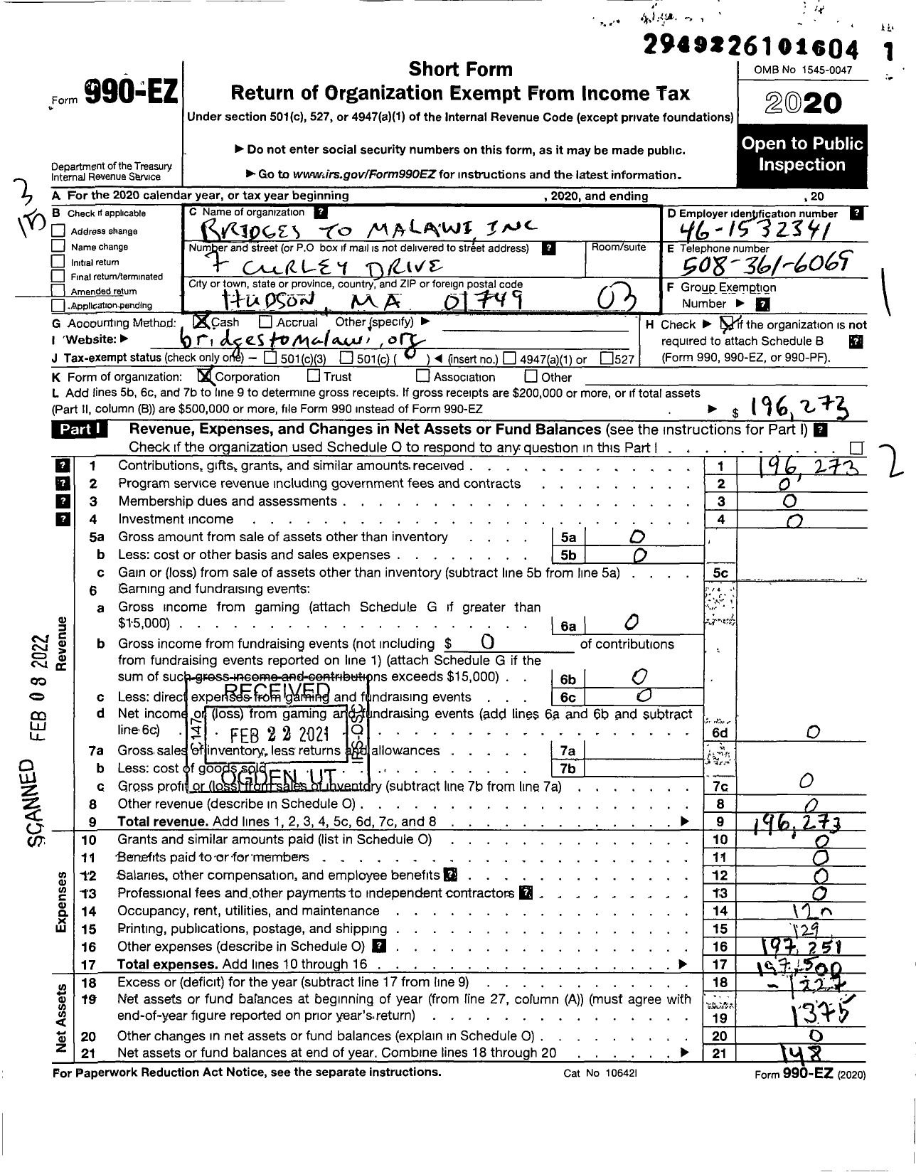 Image of first page of 2020 Form 990EZ for Bridges to Malawi