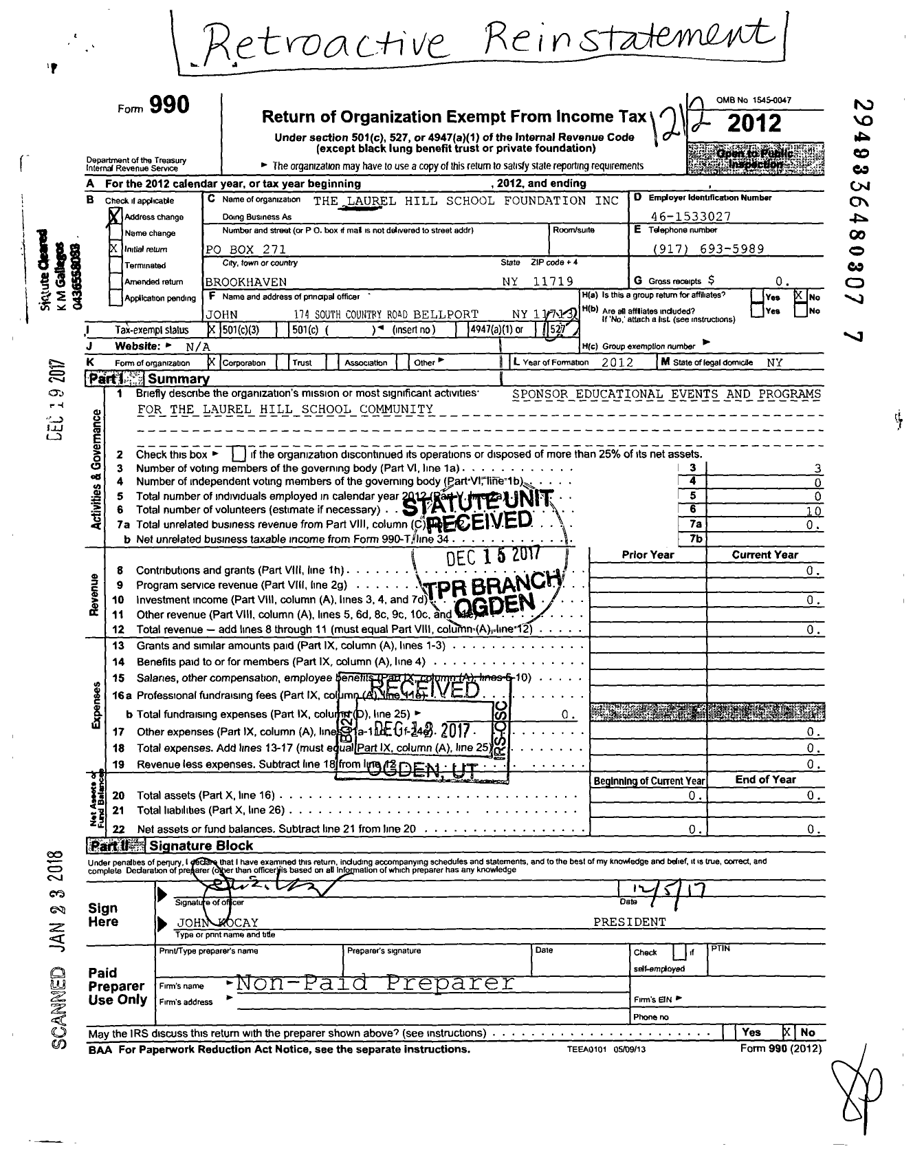 Image of first page of 2012 Form 990 for The Laurel Hill School Foundation