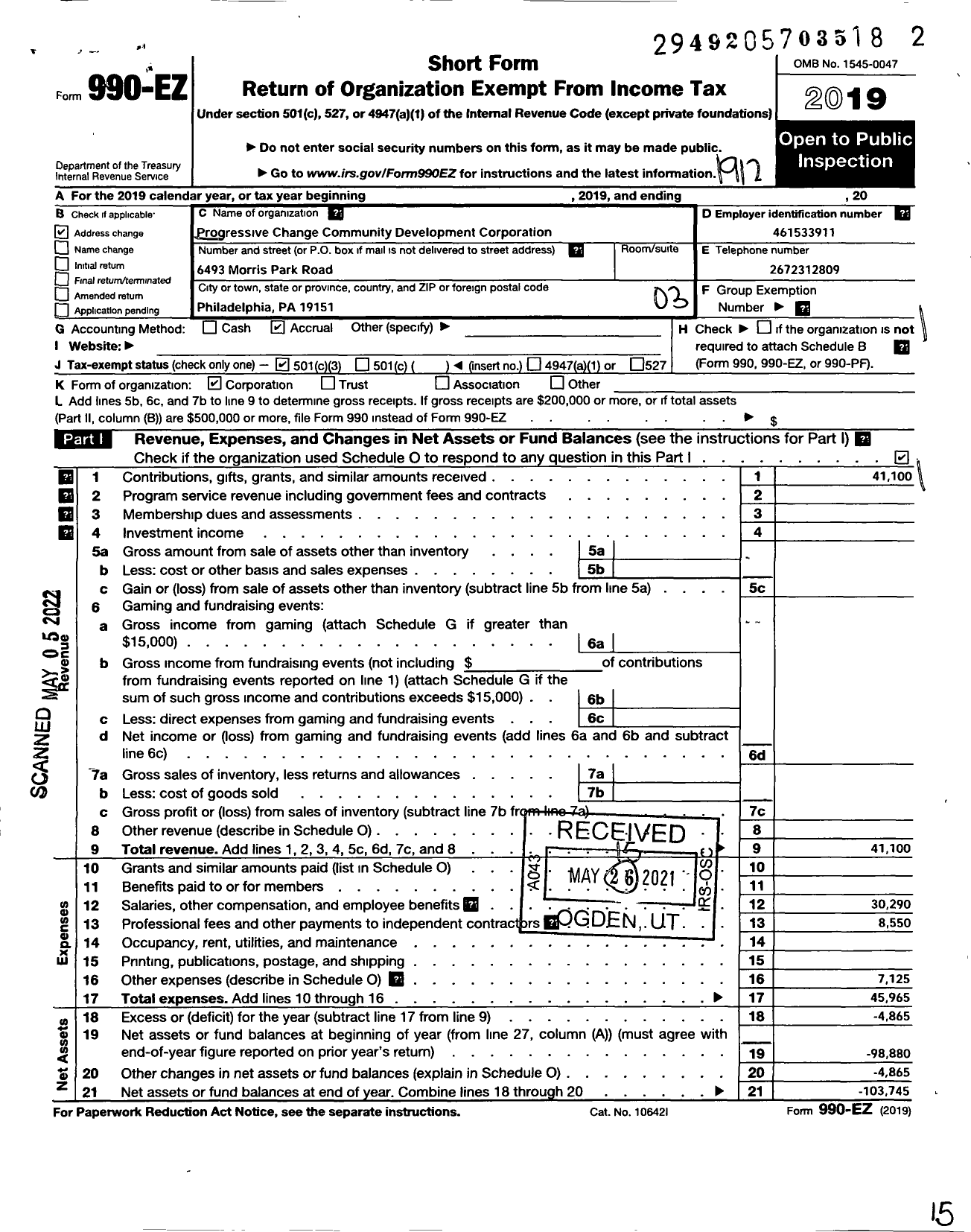 Image of first page of 2019 Form 990EZ for Progressive Change Community Development Corporation