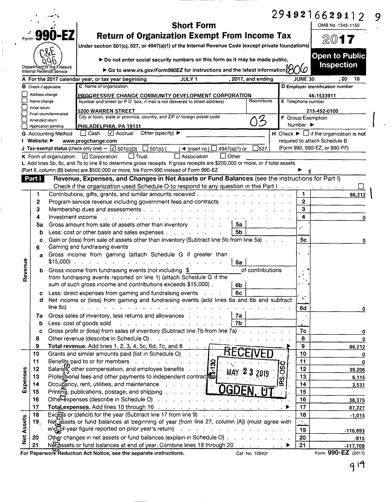 Image of first page of 2017 Form 990EZ for Progressive Change Community Development Corporation