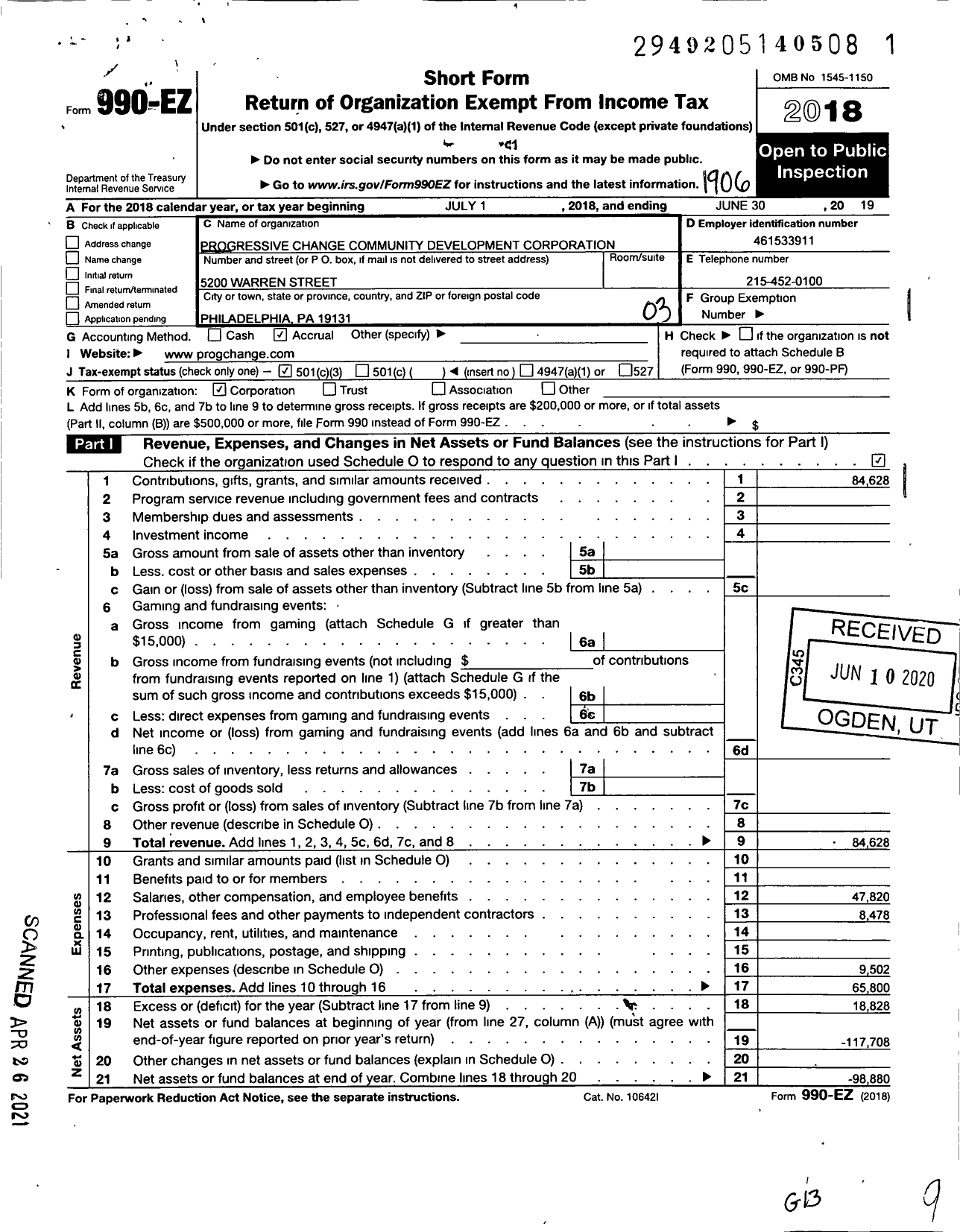 Image of first page of 2018 Form 990EZ for Progressive Change Community Development Corporation