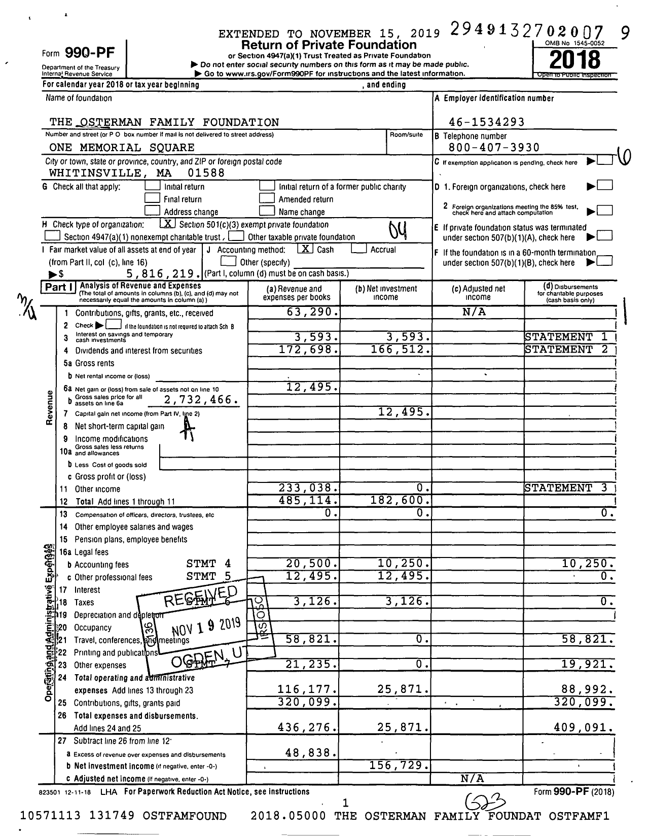 Image of first page of 2018 Form 990PF for The Osterman Family Foundation