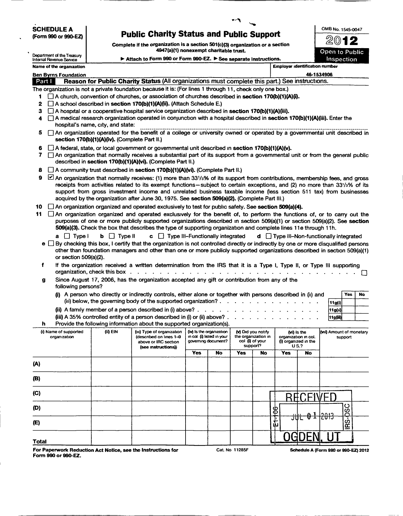 Image of first page of 2012 Form 990ER for Ben Byrns Foundation