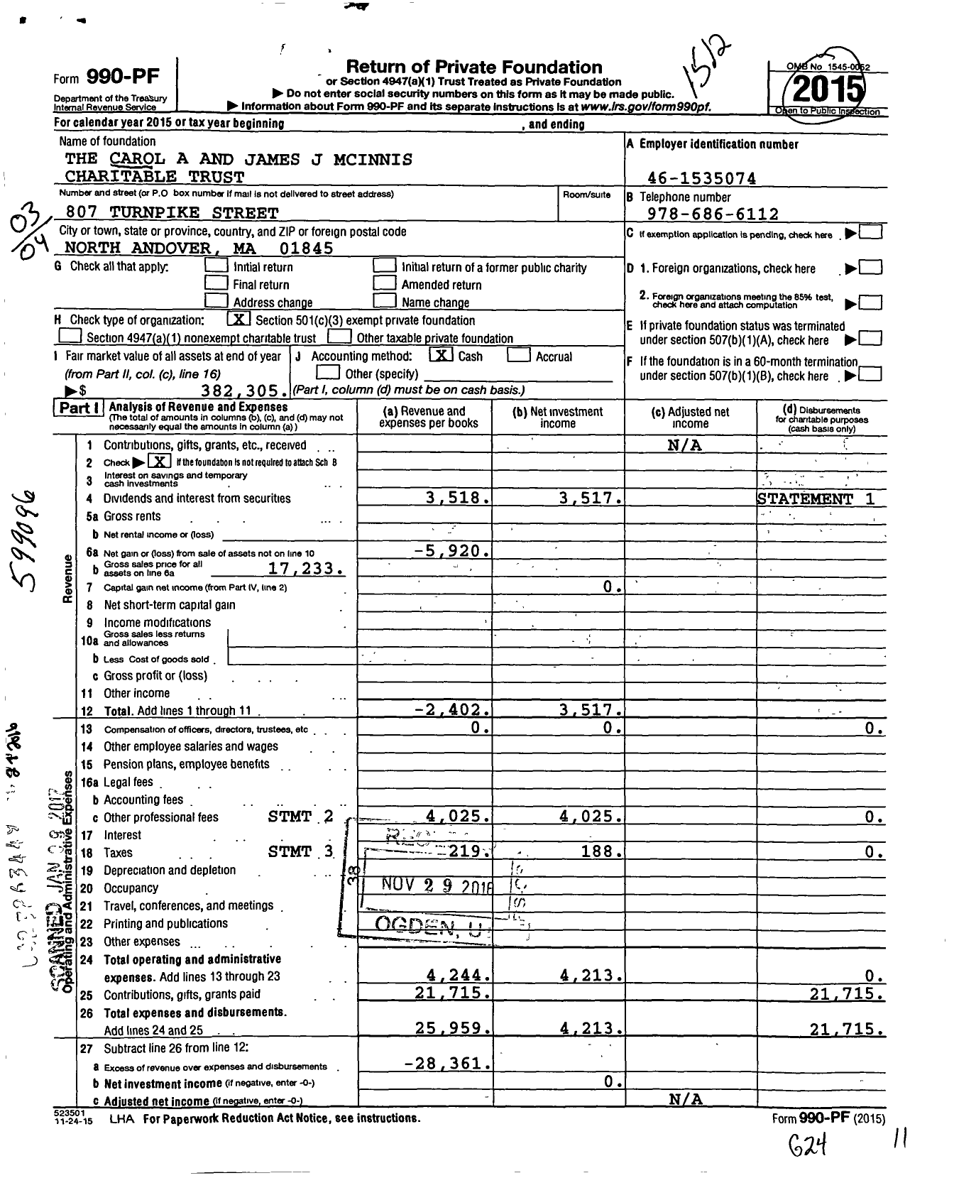 Image of first page of 2015 Form 990PF for The Carol A and James J Mcinnis Charitable Trust