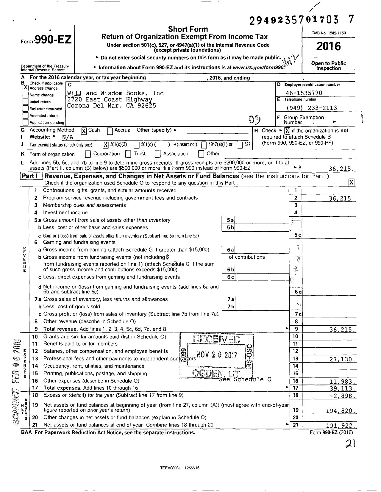 Image of first page of 2016 Form 990EZ for Will and Wisdom Books