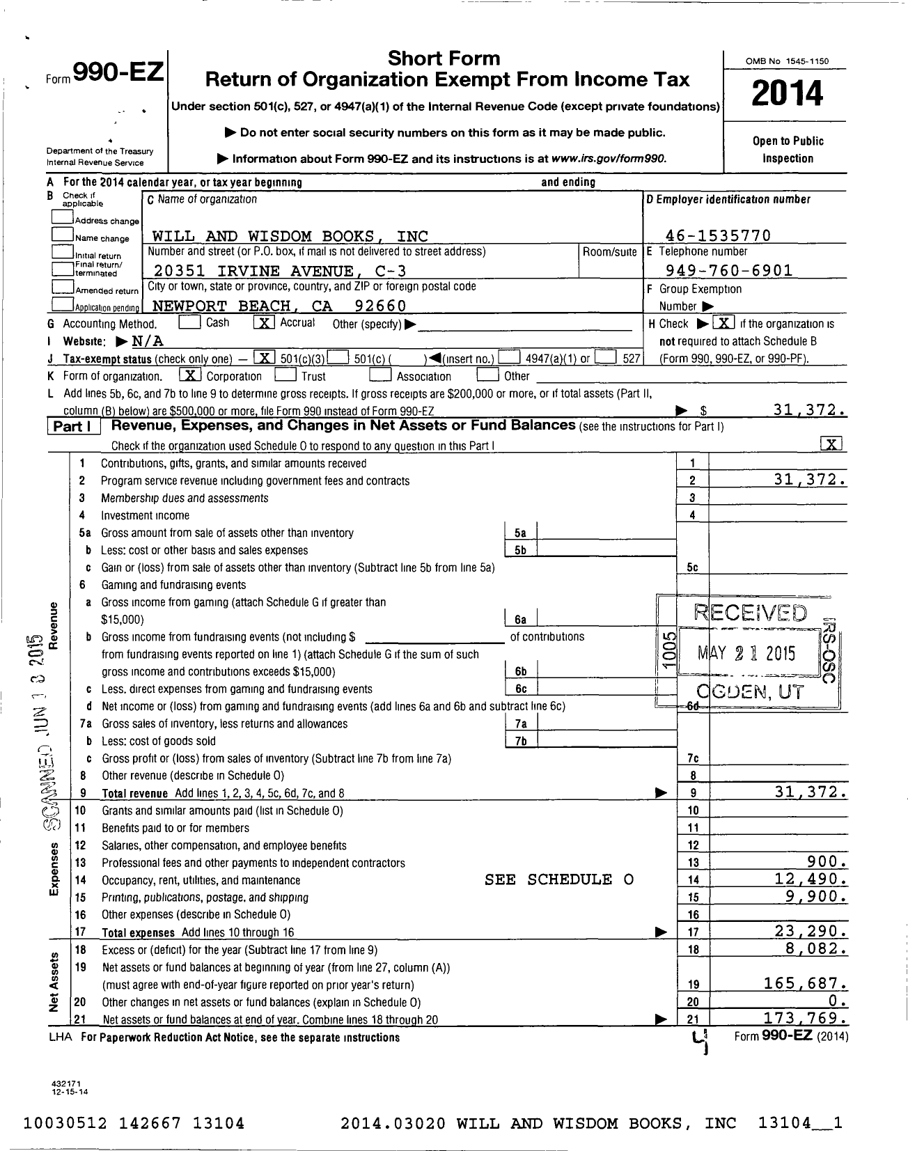 Image of first page of 2014 Form 990EZ for Will and Wisdom Books