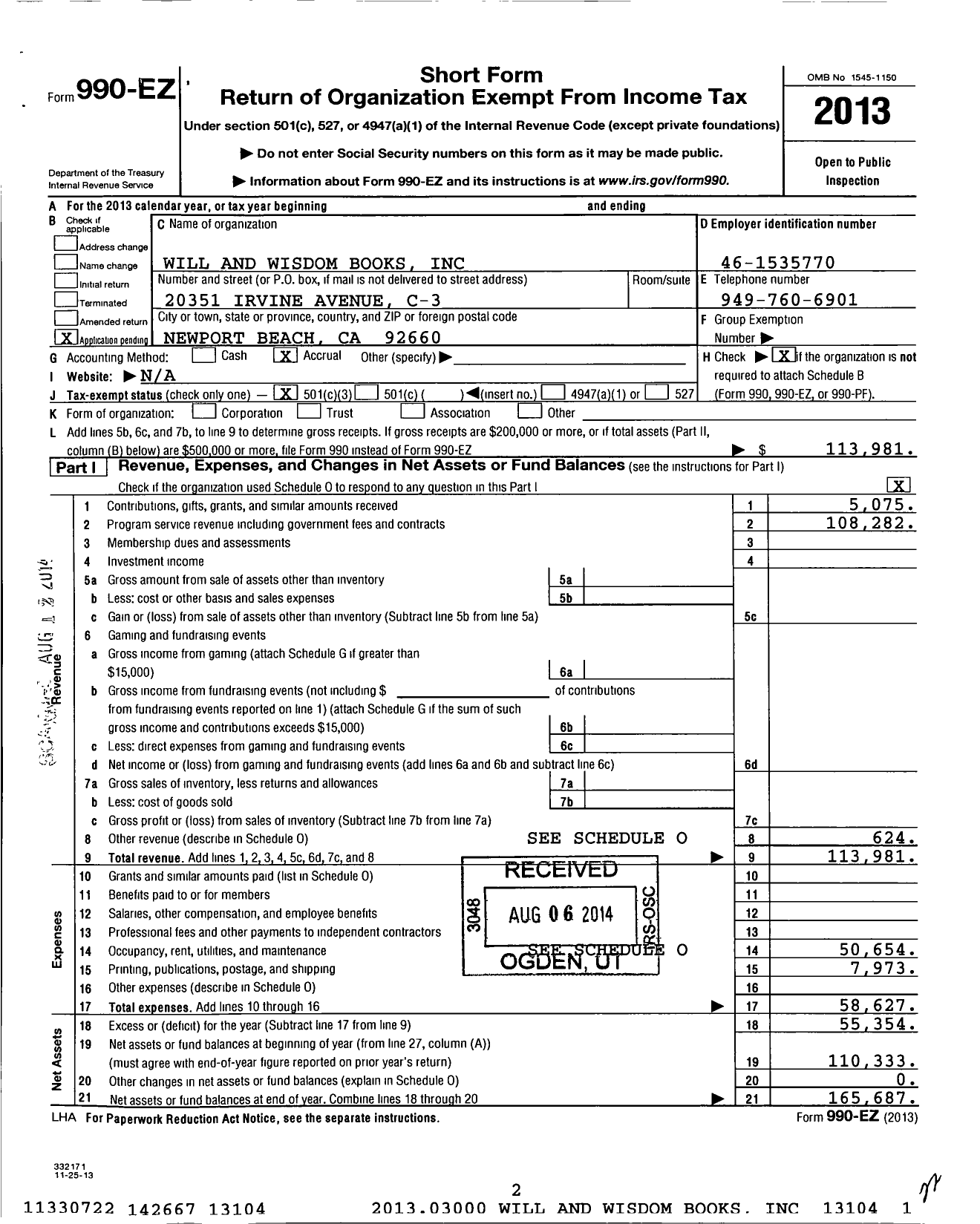 Image of first page of 2013 Form 990EZ for Will and Wisdom Books