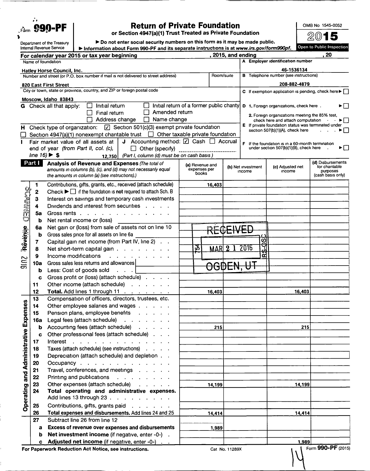 Image of first page of 2015 Form 990PF for Hatley Horse Council