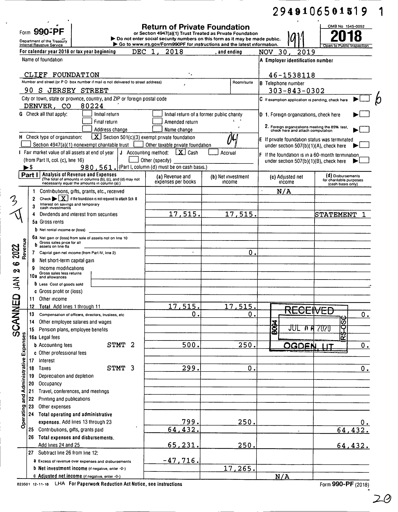 Image of first page of 2018 Form 990PF for Cliff Foundation