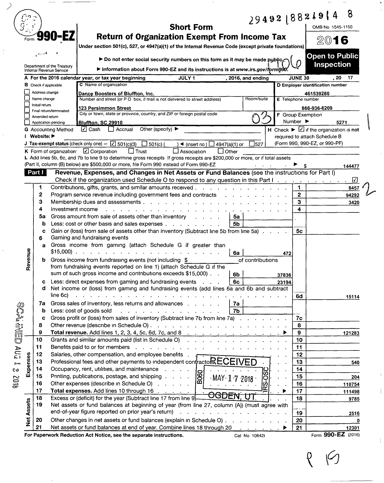 Image of first page of 2016 Form 990EZ for Parent Booster USA / Dance Boosters of Bluffton Inc